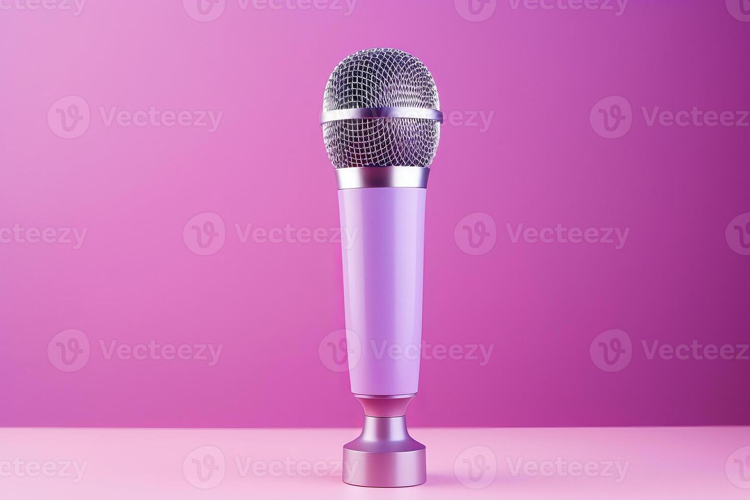 Professional microphone with pink purple background banner, Podcast or recording studio. photo
