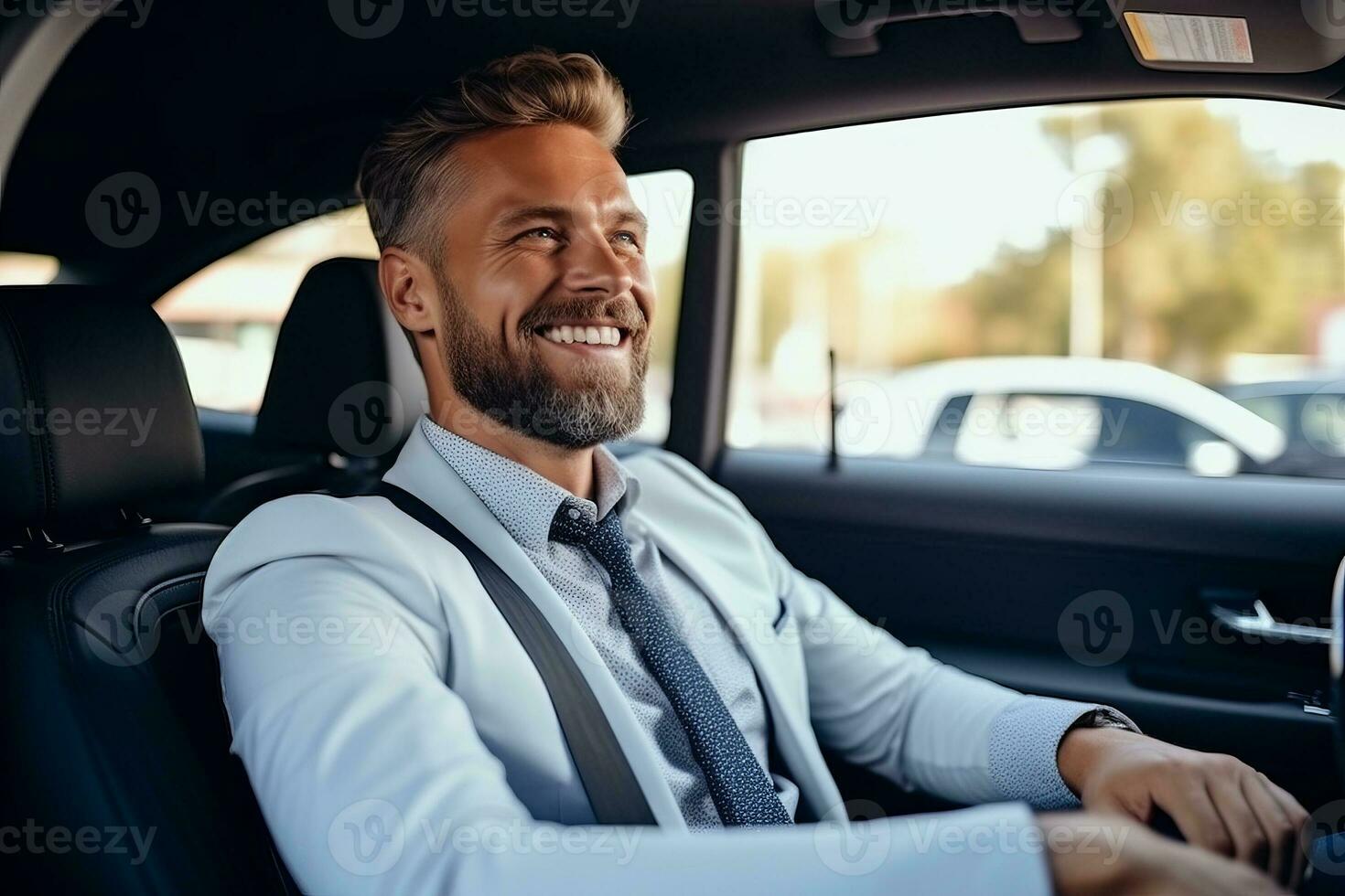 Attractive elegant happy man in good car. AI Generated photo