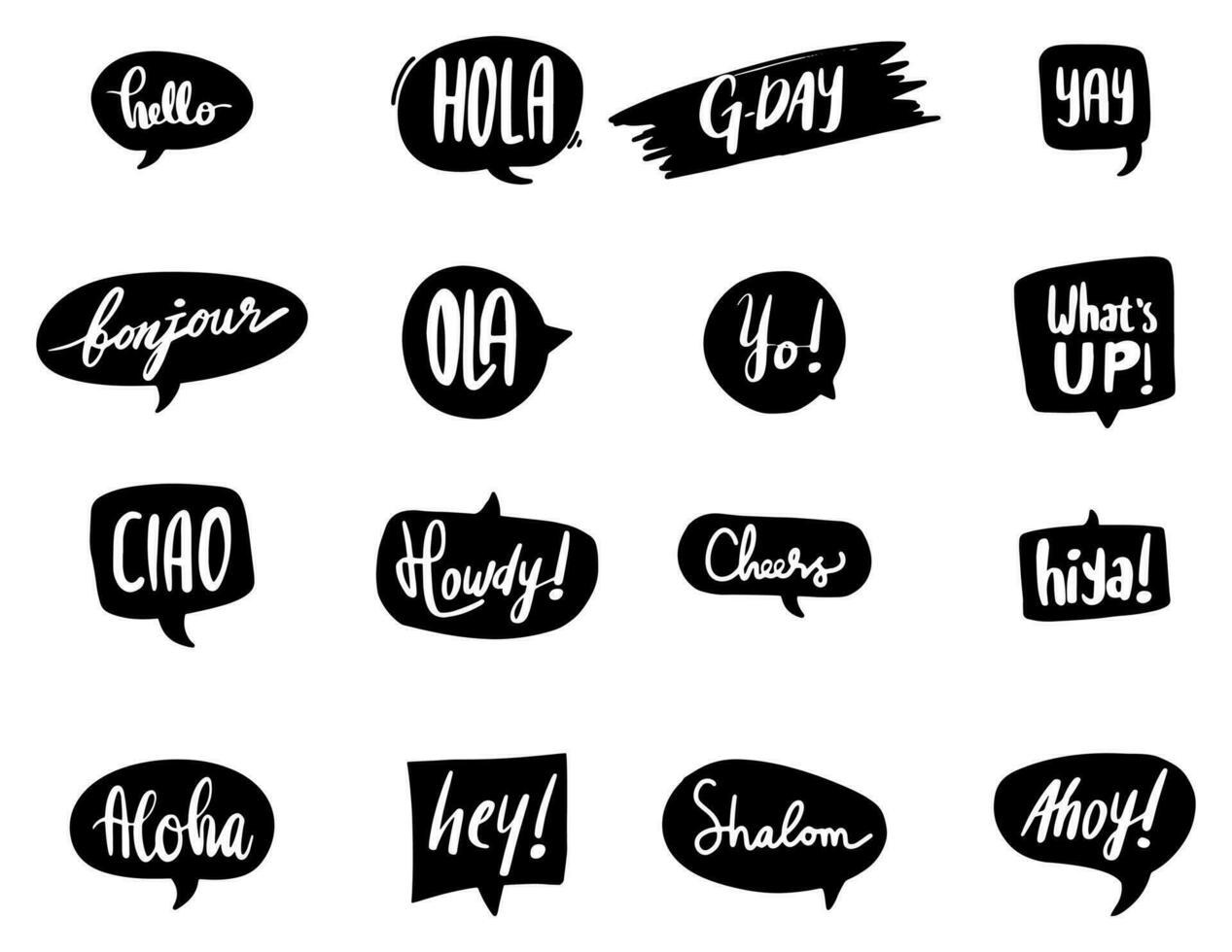 Hello word in different languages. french, spanish. Bonjour, yay, howdy, hiya, shalom, ahoy, hey, what's up, g-day, hola, aloha, ciao, words in speech bubbles vector