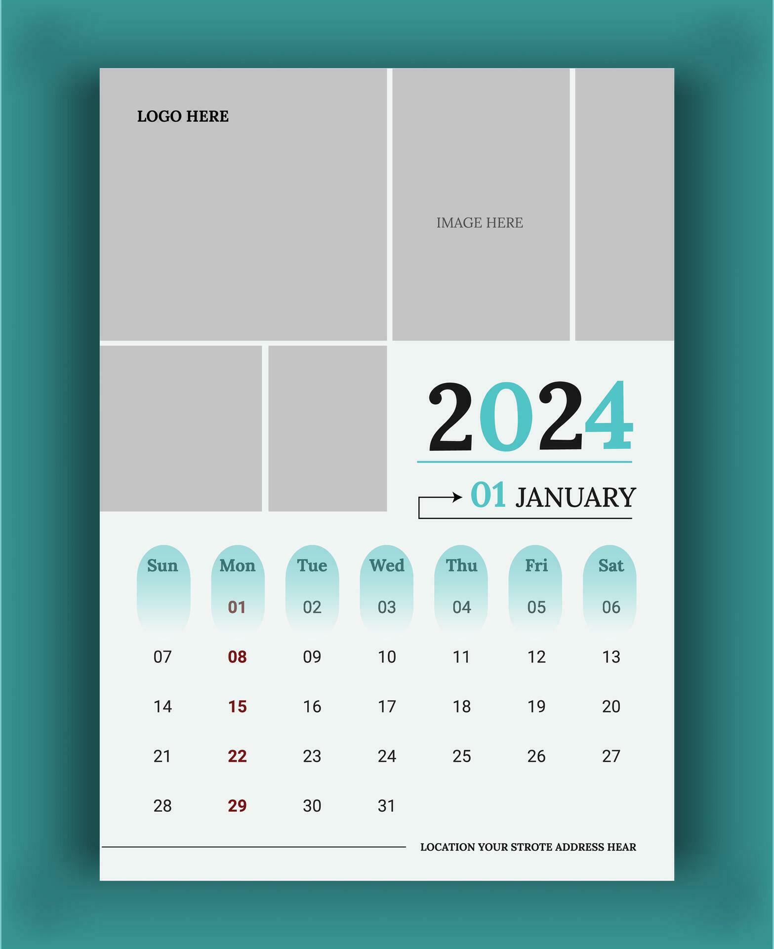 2024 Wall Calendar template, vector calendar January design, creative