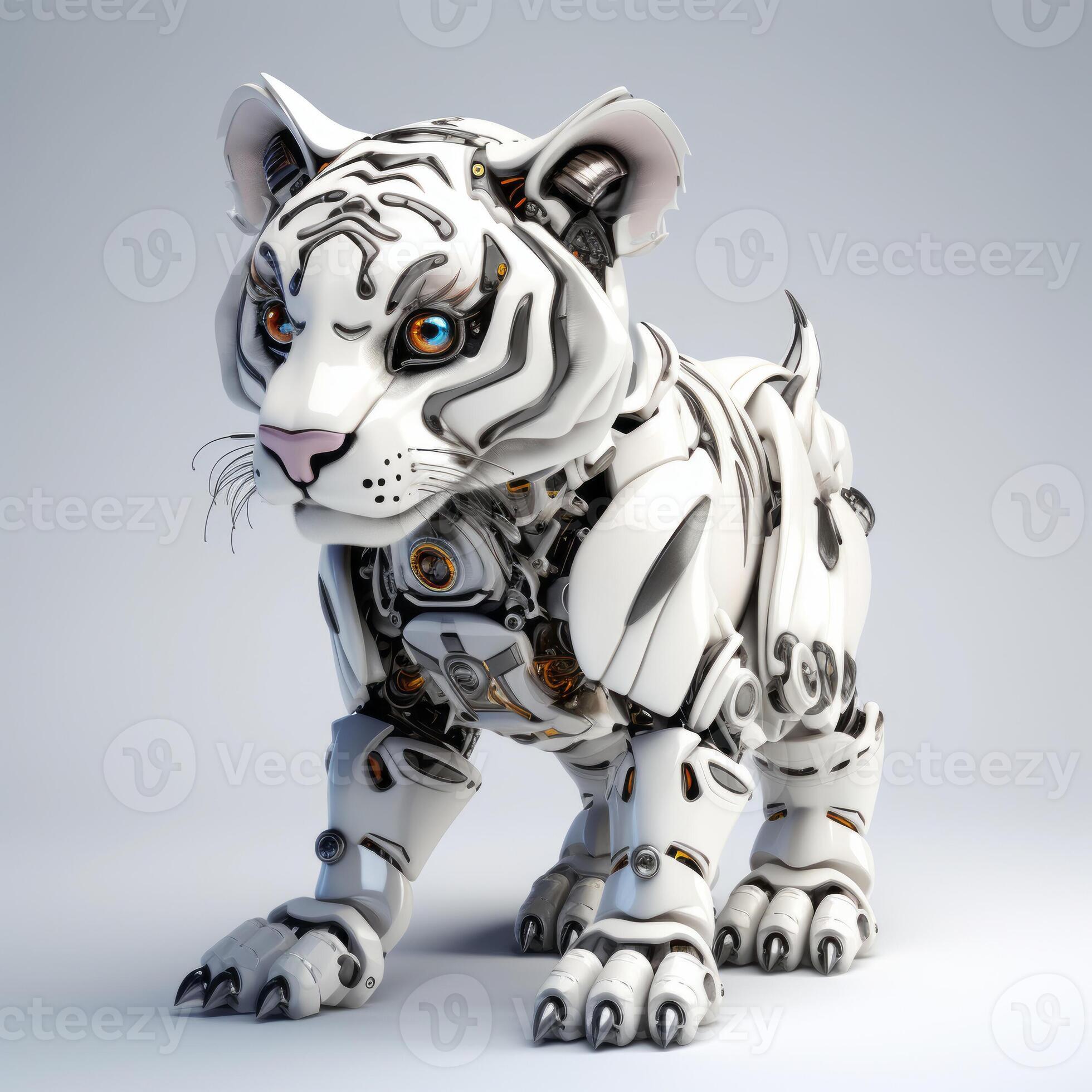 Cute white tiger robot, robotic animal isolated over white background