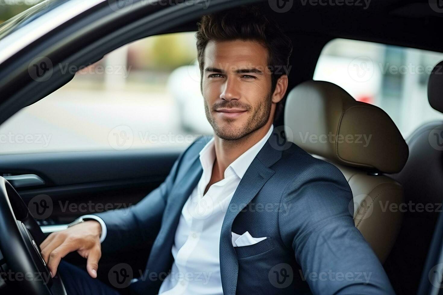atractivo elegante contento hombre en bueno coche. ai generado foto