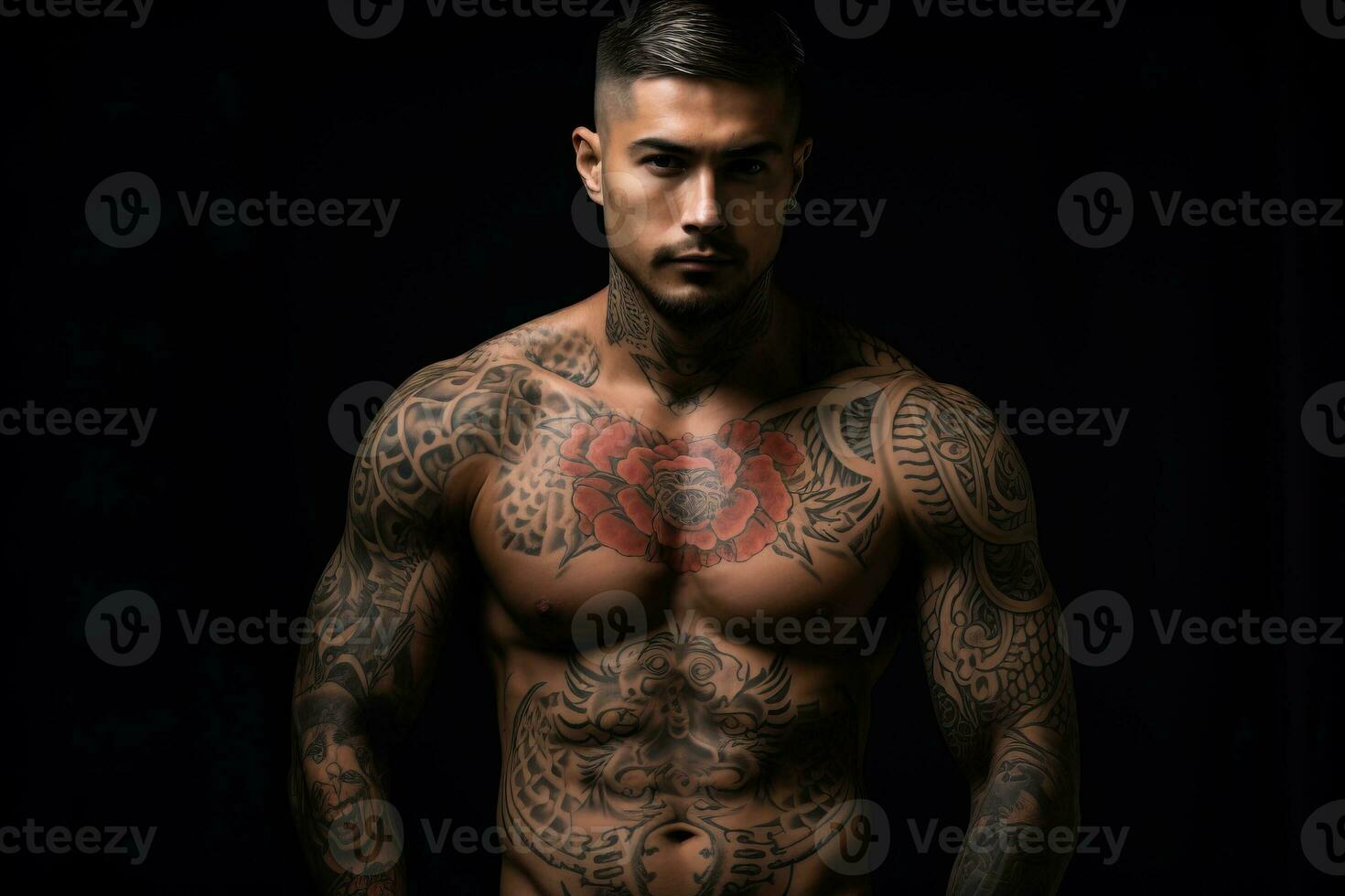 Confident man with muscular body tattooed on black background. AI Generated photo