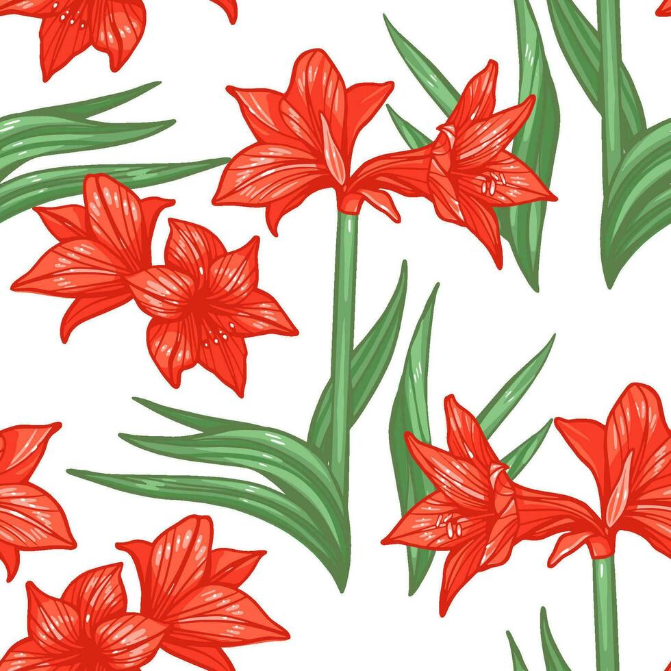 Vector Seamless Amaryllis Floral Hand-drawn Pattern. Hippeastrum Flower background for your design projects fashion textile, wallpaper, scrapbook and etc.