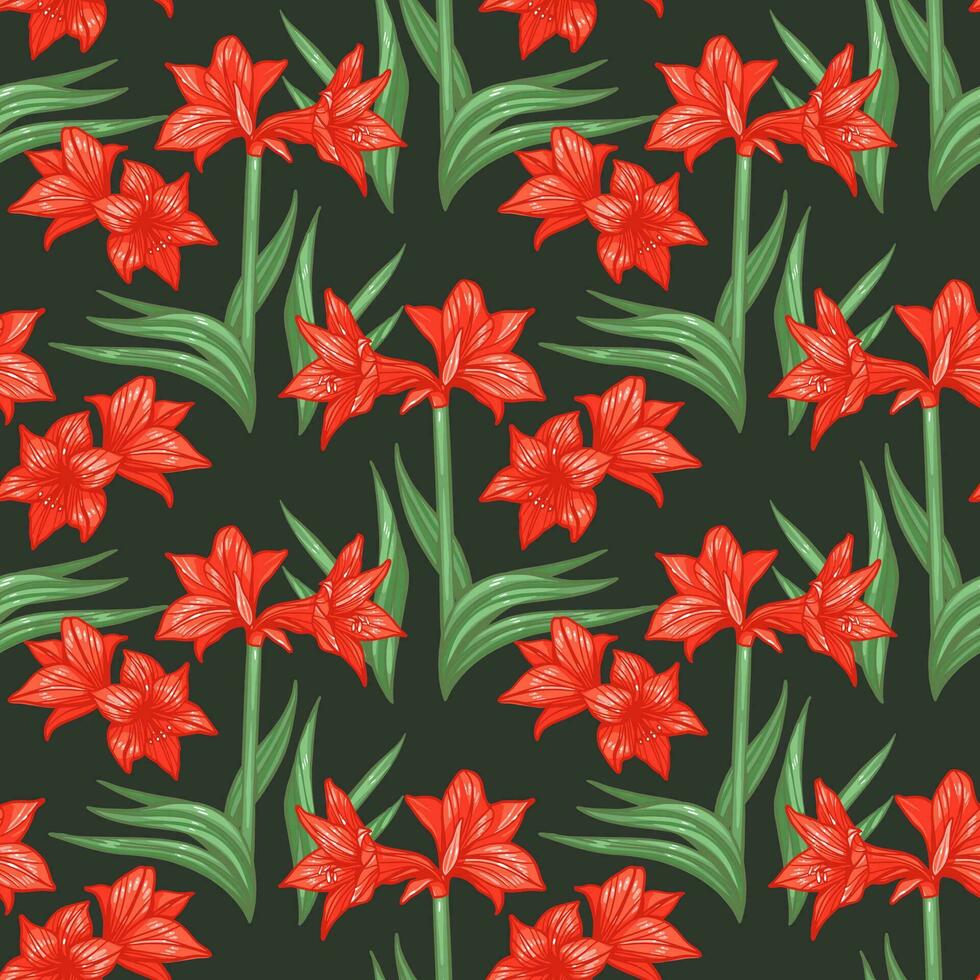 Vector Seamless Amaryllis Floral Hand-drawn Pattern. Hippeastrum Flower background for your design projects fashion textile, wallpaper, scrapbook and etc.