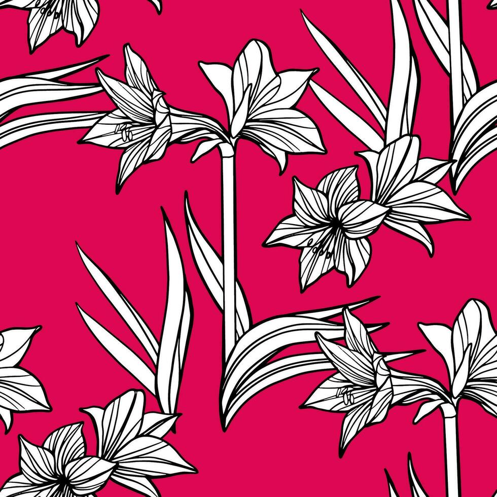 Vector Seamless Amaryllis Floral Hand-drawn Pattern. Hippeastrum Flower background for your design projects fashion textile, wallpaper, scrapbook and etc.