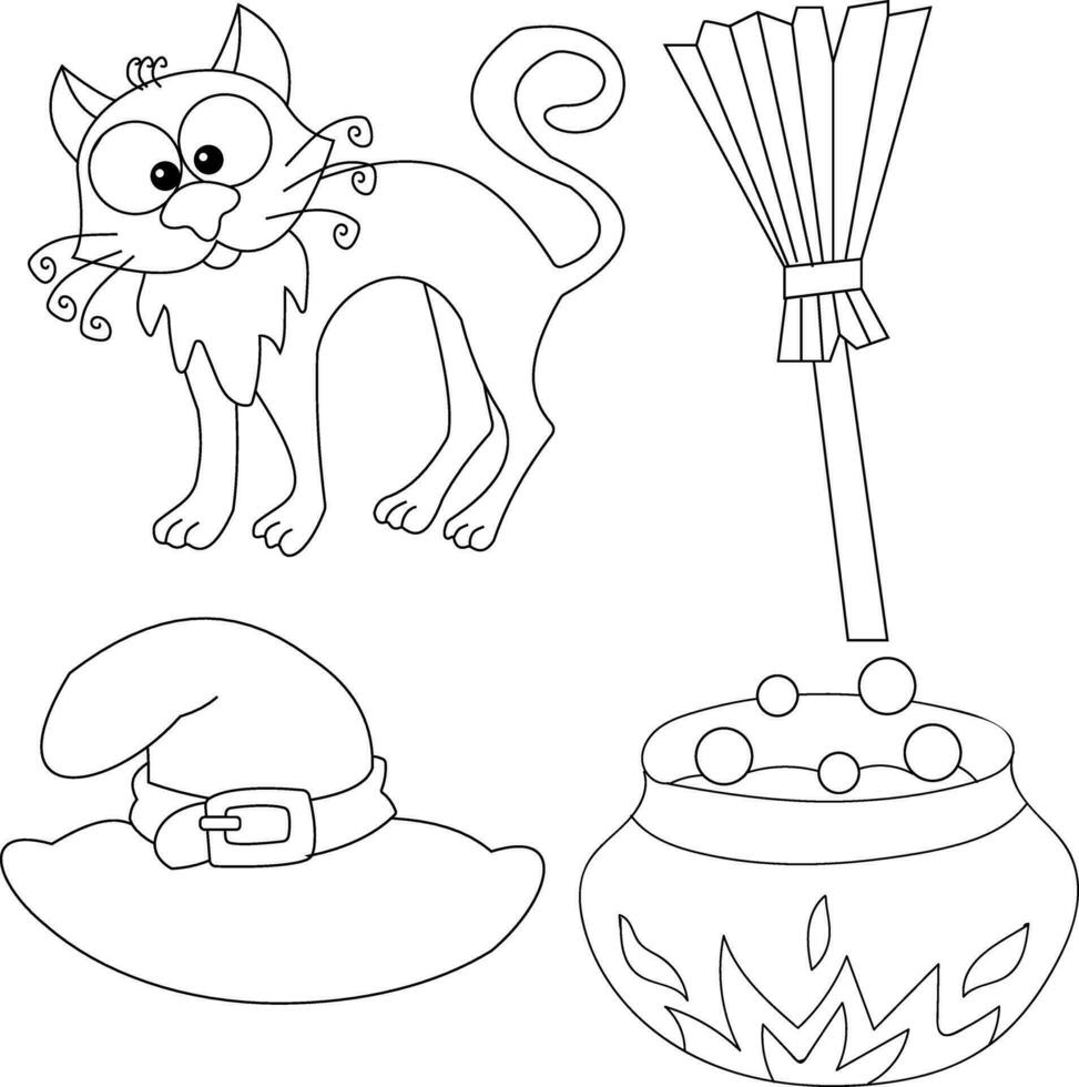 Outline Halloween clipart set contains a ghost, witch hat, cat , moon, house, grave, and pumpkin vector