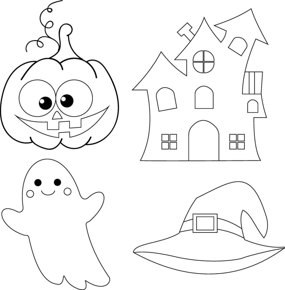 Outline Halloween clipart set contains a witch, house, cat , and pumpkin vector