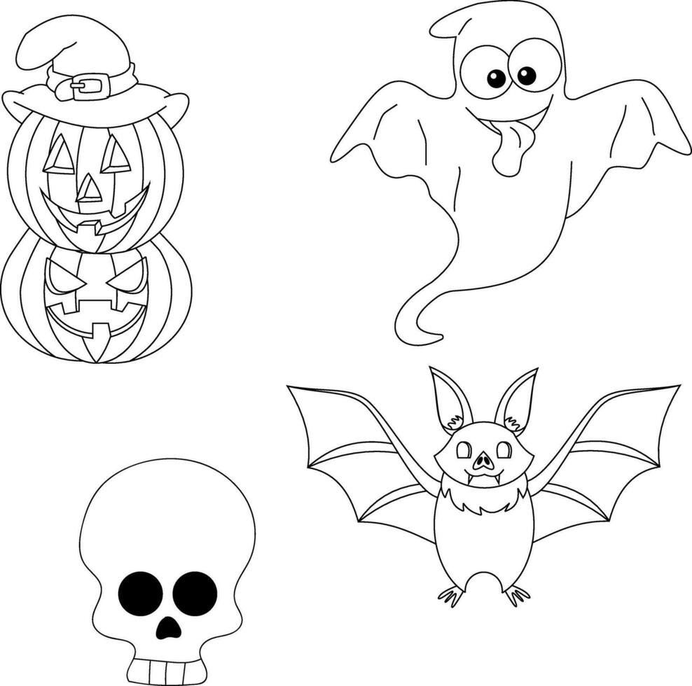 Outline Halloween clipart set contains a grave, bat, candy, and witch hat vector