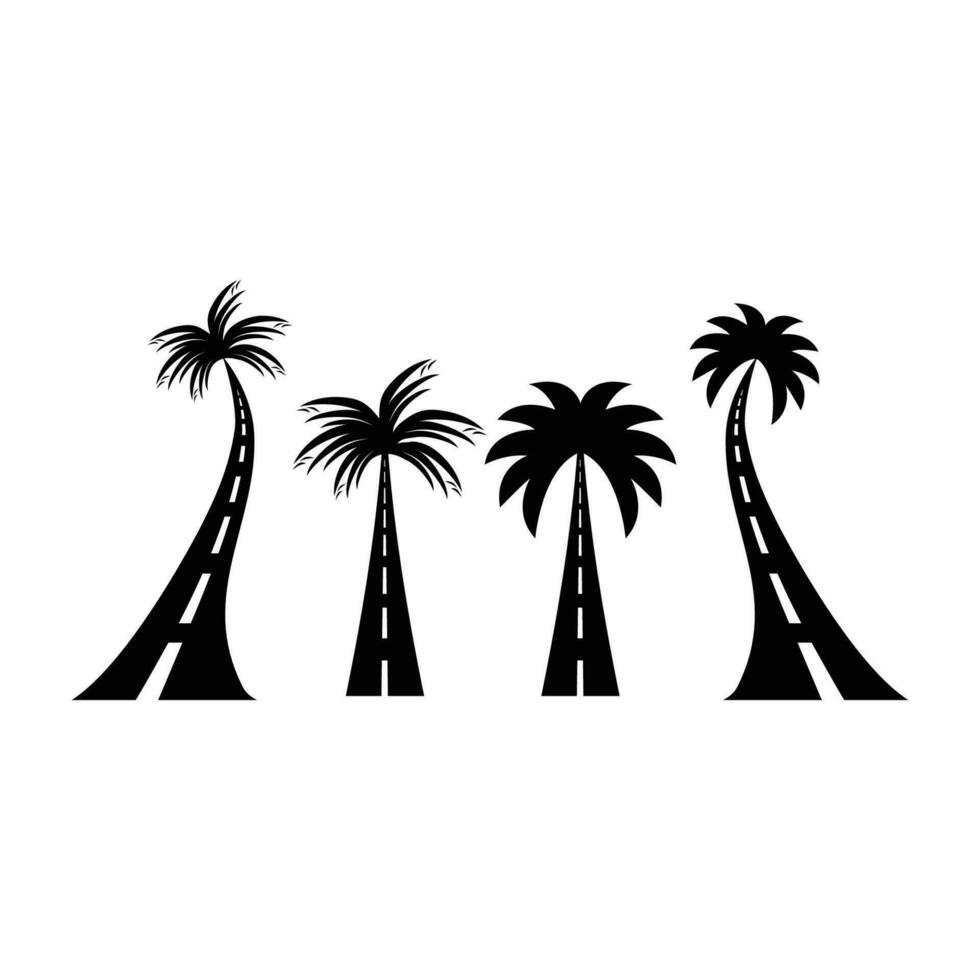 Palm road tree set vector illustration on white background silhouette.