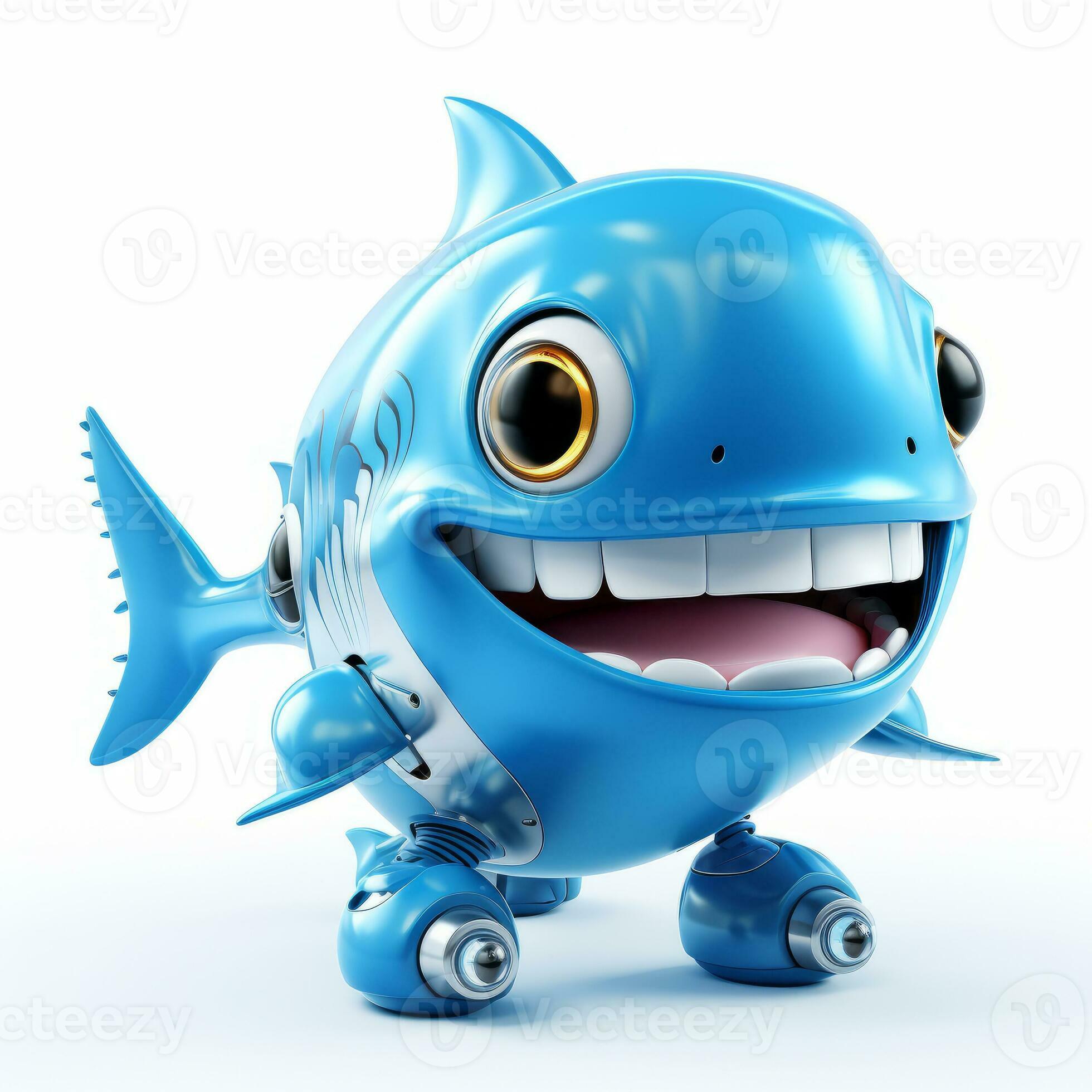 Cute smiling shark robot, robotic fish isolated over white