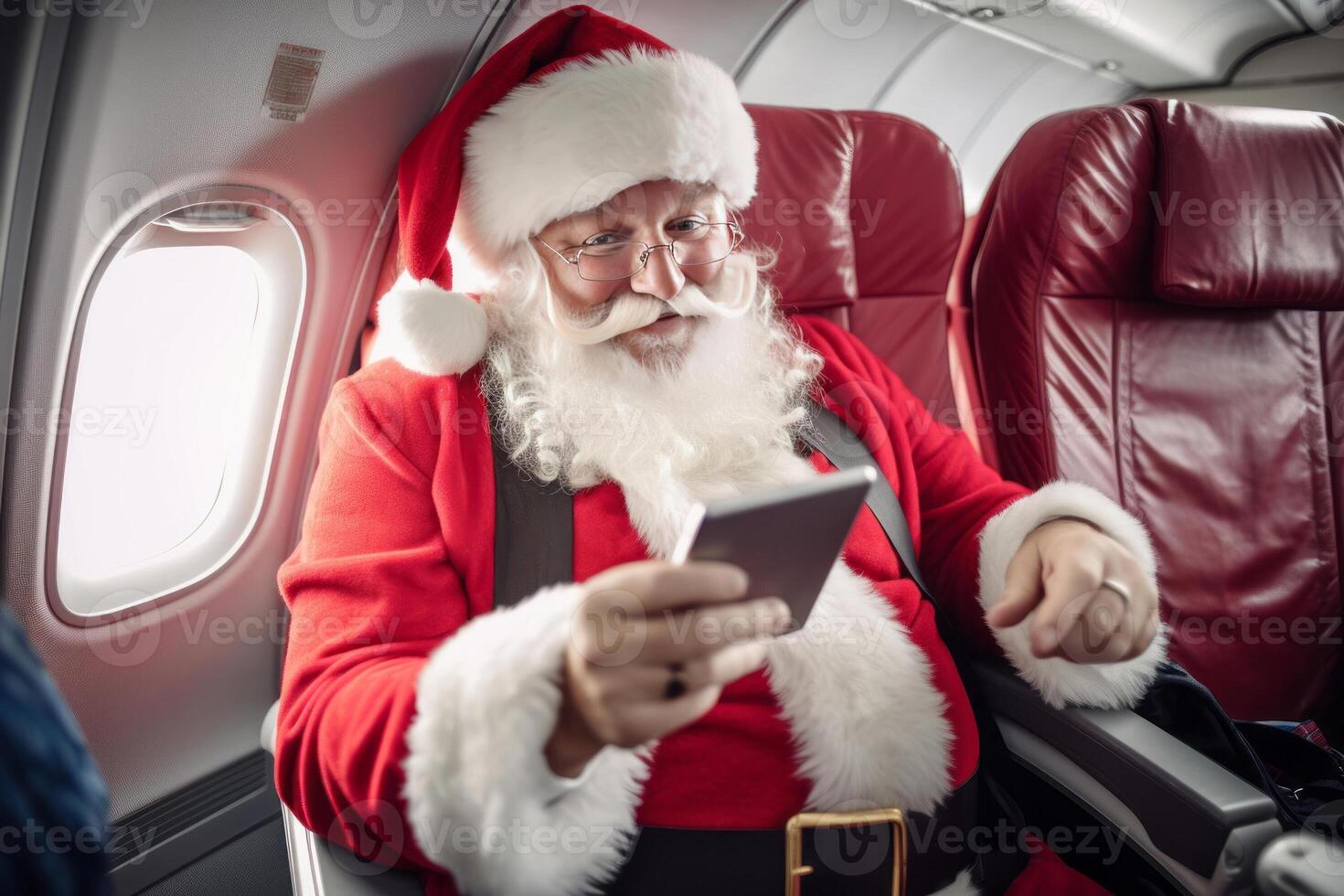 Santa Claus in airplane with citizens, Using smartphone or tablet traveling. photo