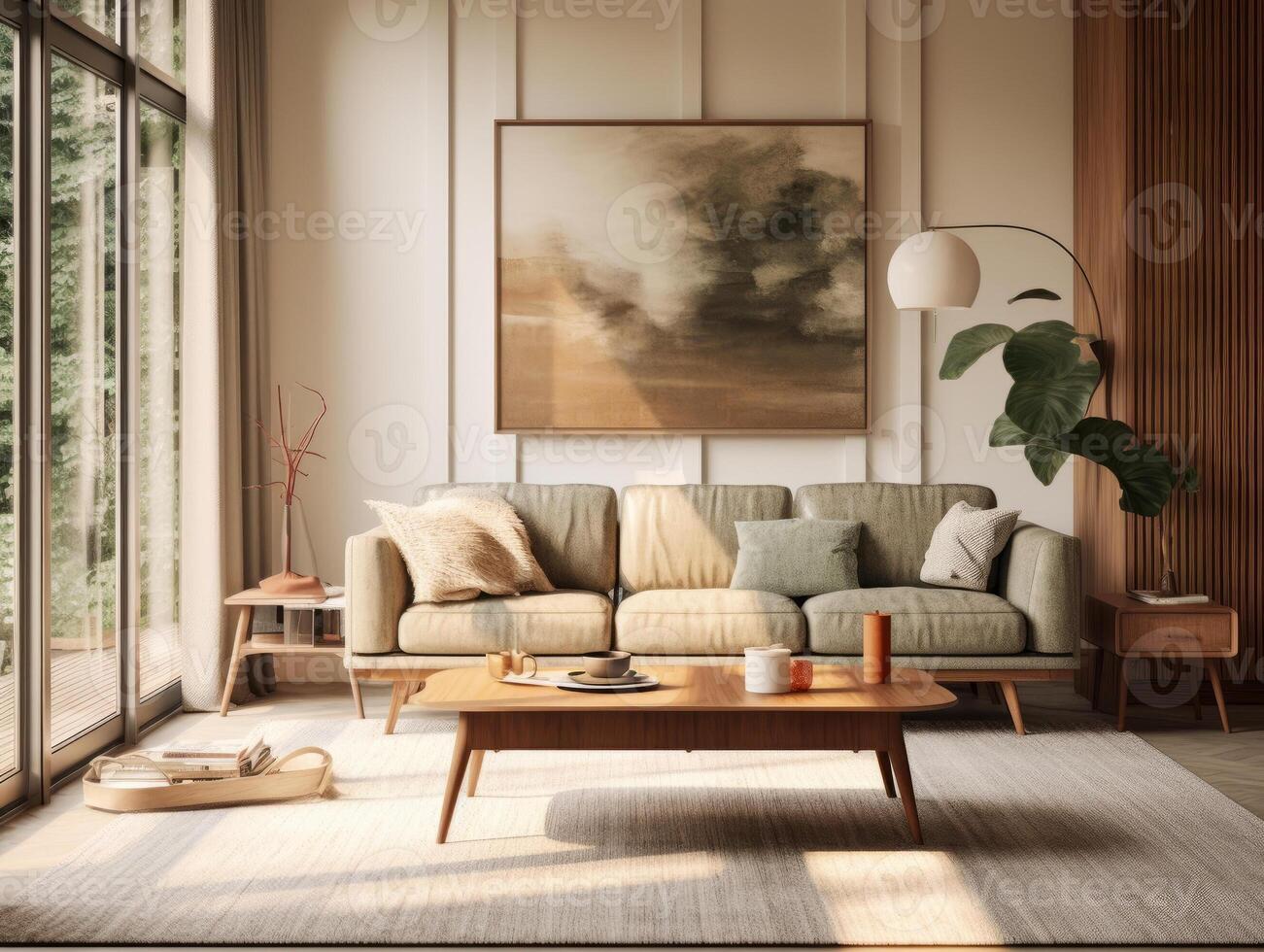 mid century interior, living room, in the style of y2k aesthetic, serene mood, natural light. photo
