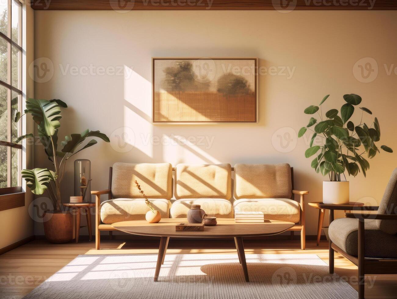 mid-century interior, living room, in the style of y2k aesthetic, serene mood, natural light. photo