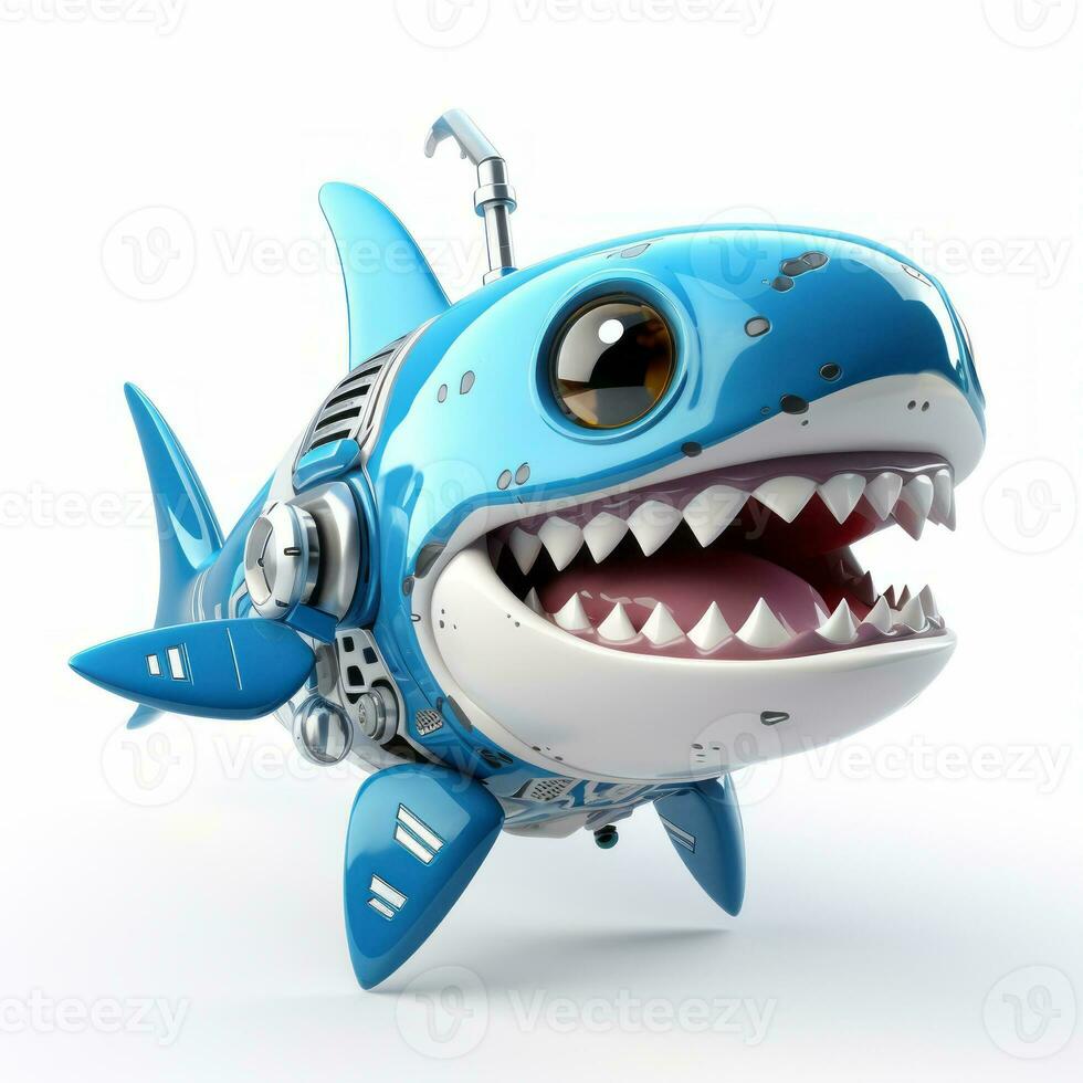 Cute smiling shark robot, robotic fish isolated over white background. AI Generated photo