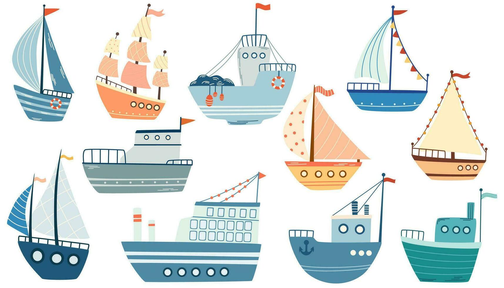 Ships Set. Fishing boat, sailboat, Sailing vessel, sea mode of transport. Children's illustration for design of children's rooms, clothing, textiles. Vector hand draw illustration isolated