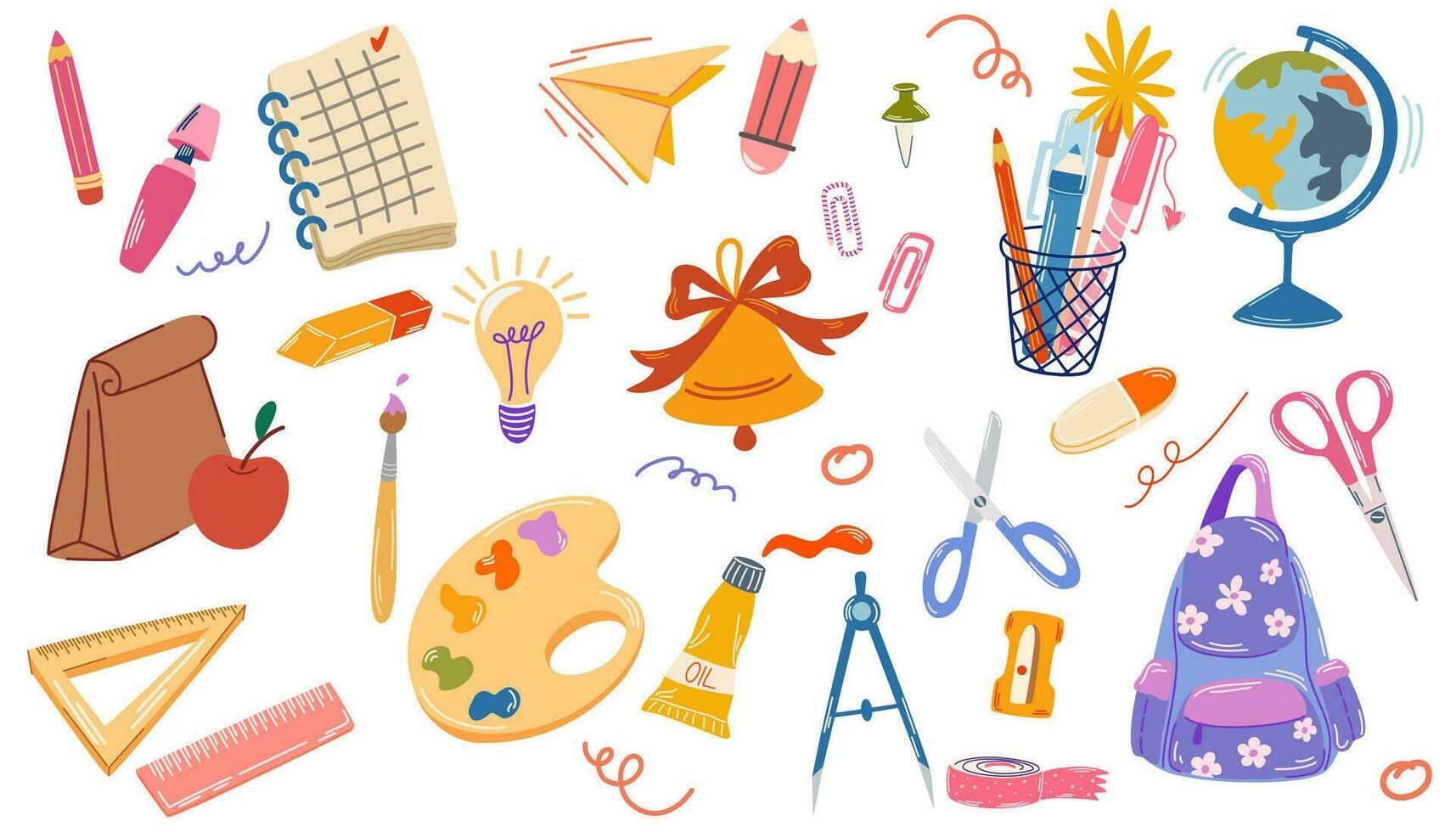 School supplies set. Vector flat illustration in hand drawn style. Back to school