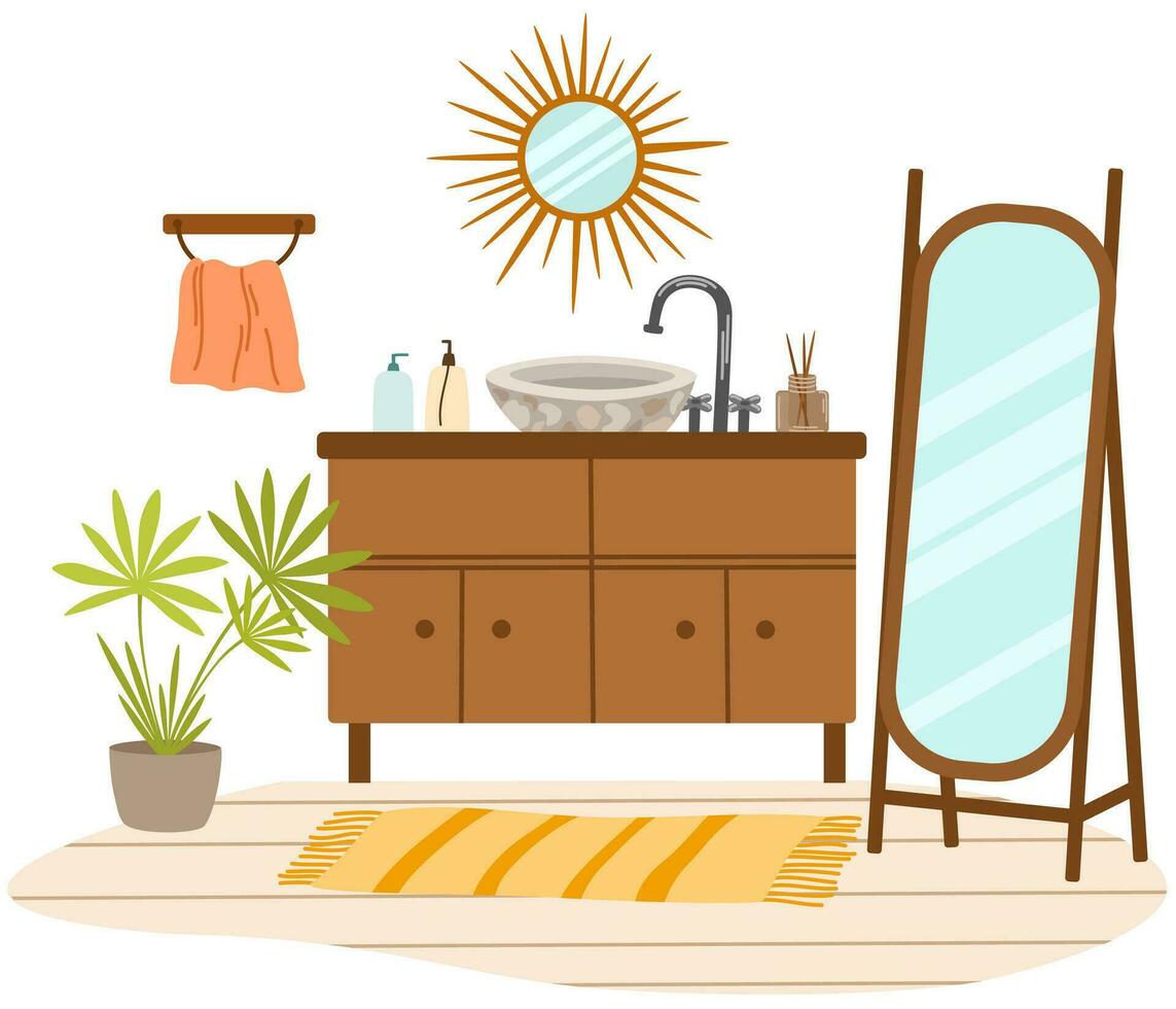 Bathroom interior in Scandinavian style. Sink, bedside table, shelf, basket with towels, bathrobe, houseplant and mirror. Modern interior design. Vector Illustration