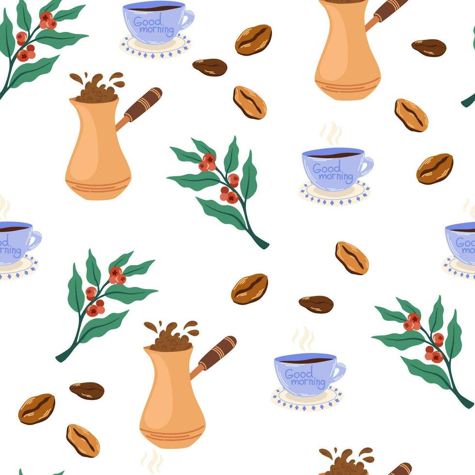 Coffee seamless pattern. Coffee berries on a branch, cezve and cup. Stylish trendy fabric design paper. Hand drawn vector illustration
