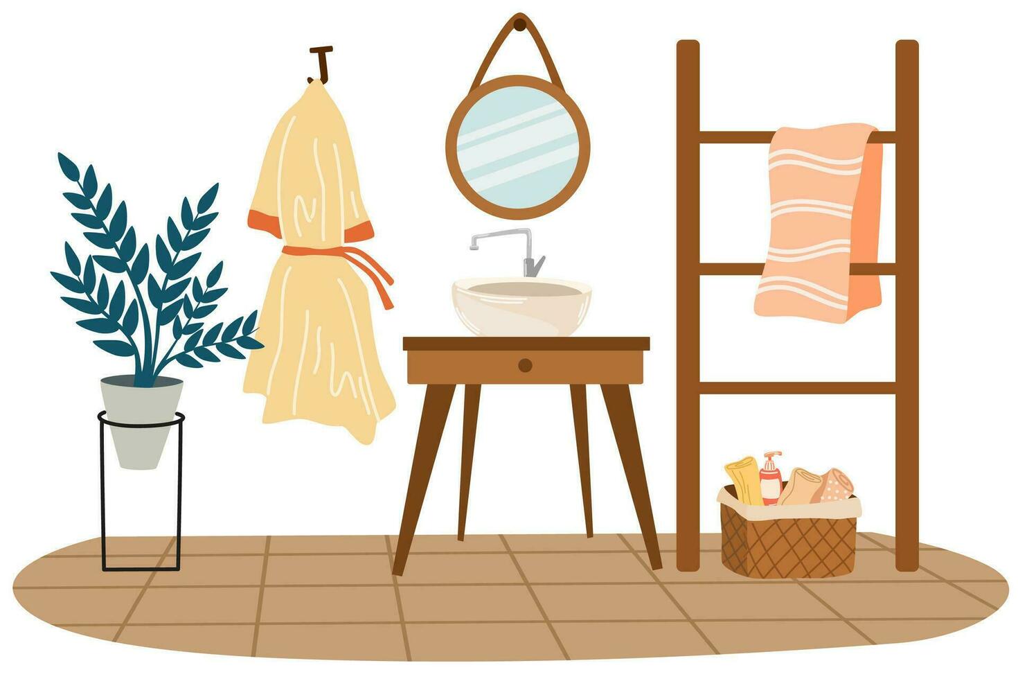 Bathroom interior vector illustration. Sink, bedside table, shelf, basket with towels, bathrobe and mirror. Modern interior design.