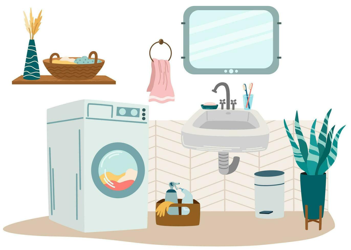 Bathroom interior. Sink, washing machine, laundry basket, detergents, mirror, indoor flower. Flat vector illustration isolated on white background