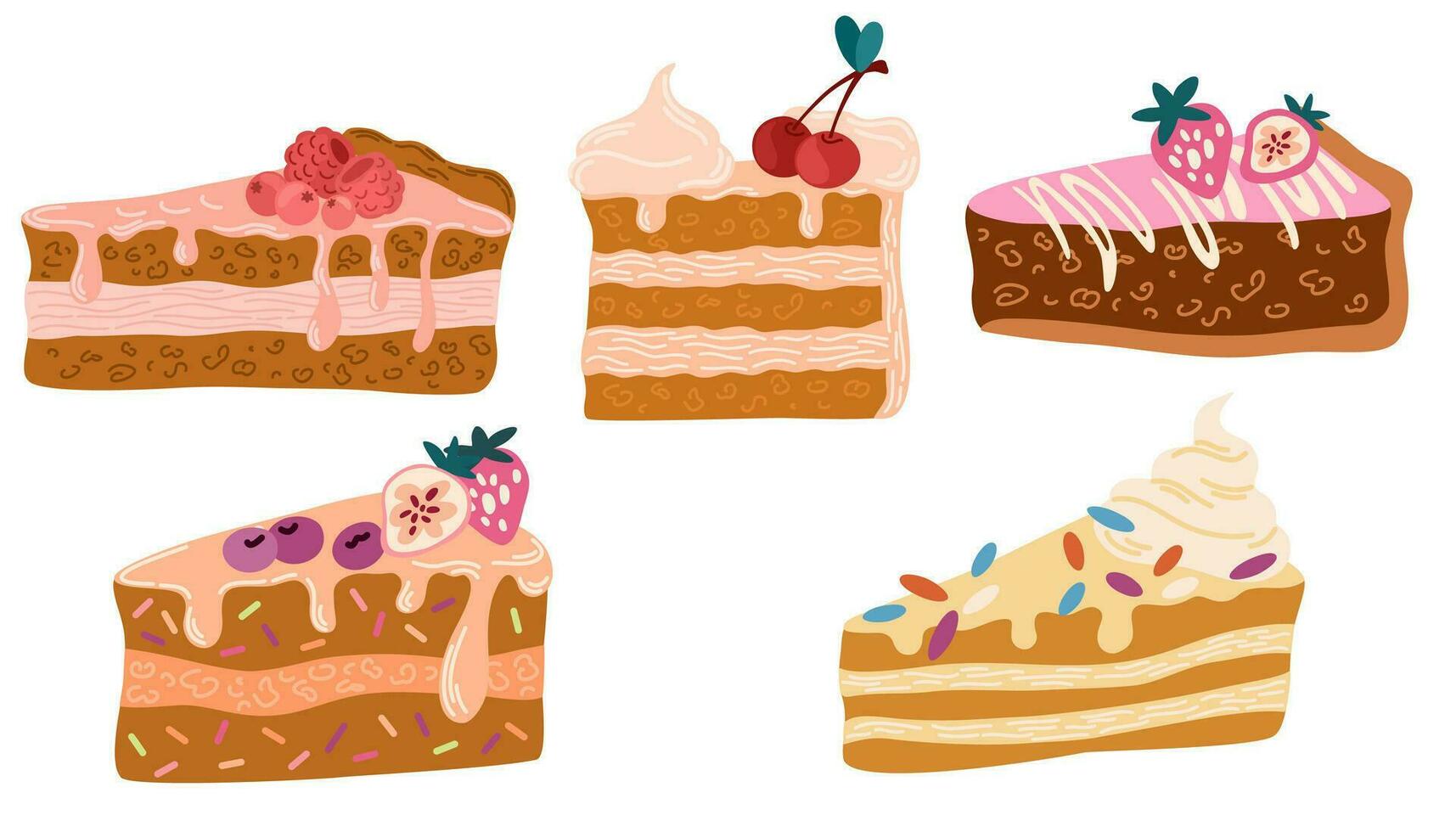 pasteles rebanadas piezas. conjunto de pasteles dulce postre. vector ilustración para cumpleaños, fiesta, postales y pegatinas aislado en el blanco antecedentes.