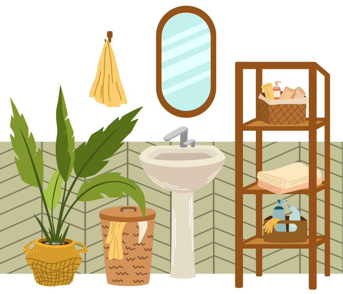baño interior vector ilustración. hundir, cabecera mesa, estante, cesta con toallas, bata de baño, planta de casa y espejo. moderno interior diseño.