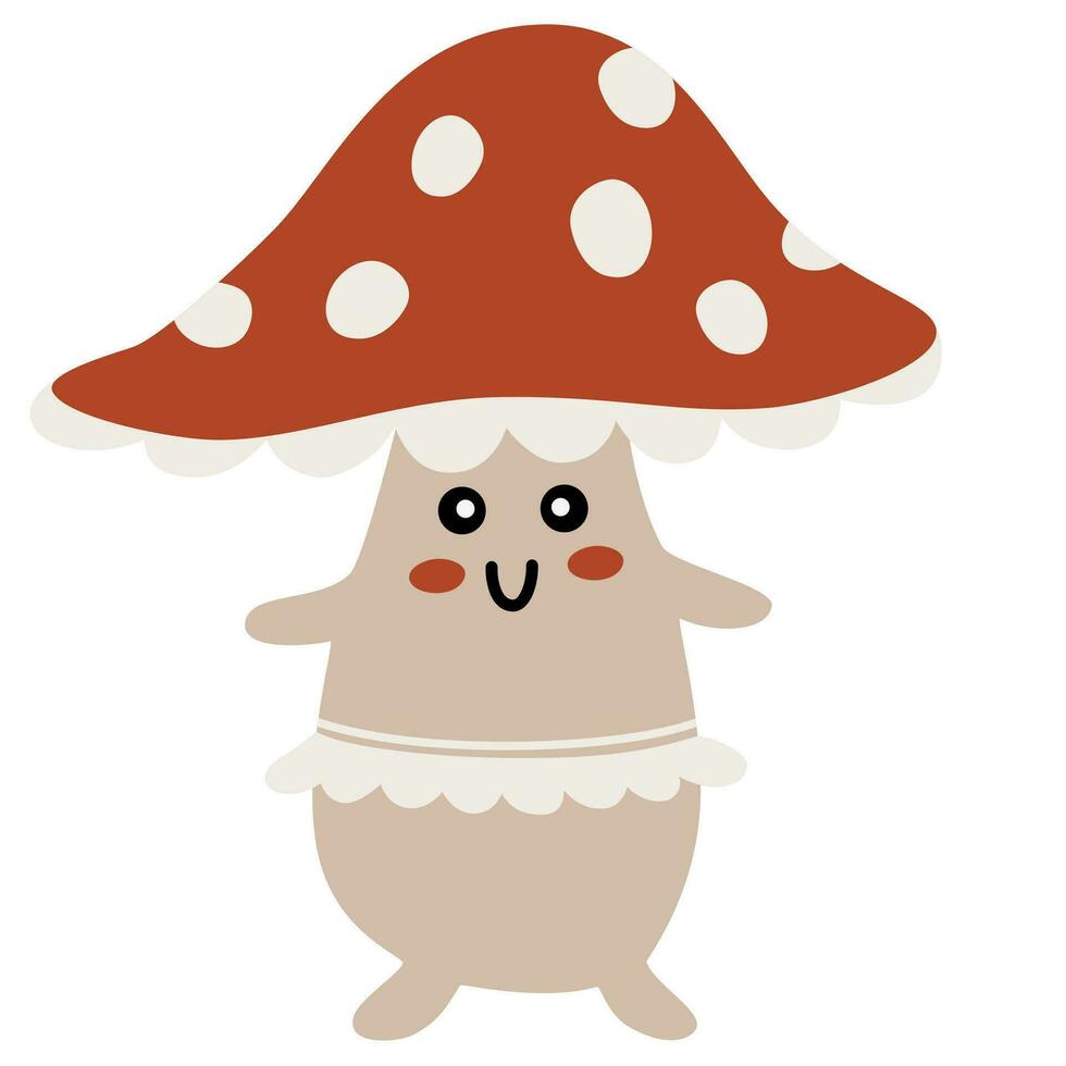 Mushroom with smiling face. Cute cartoon fly agaric. Vector illustration for kids isolated on white background.