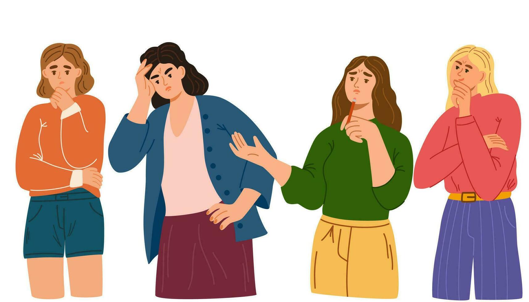 Confused women in doubts and thoughts. Puzzled pensive people worry and think with serious thoughtful expression. Uncertain characters. Flat vector illustration isolated on white background