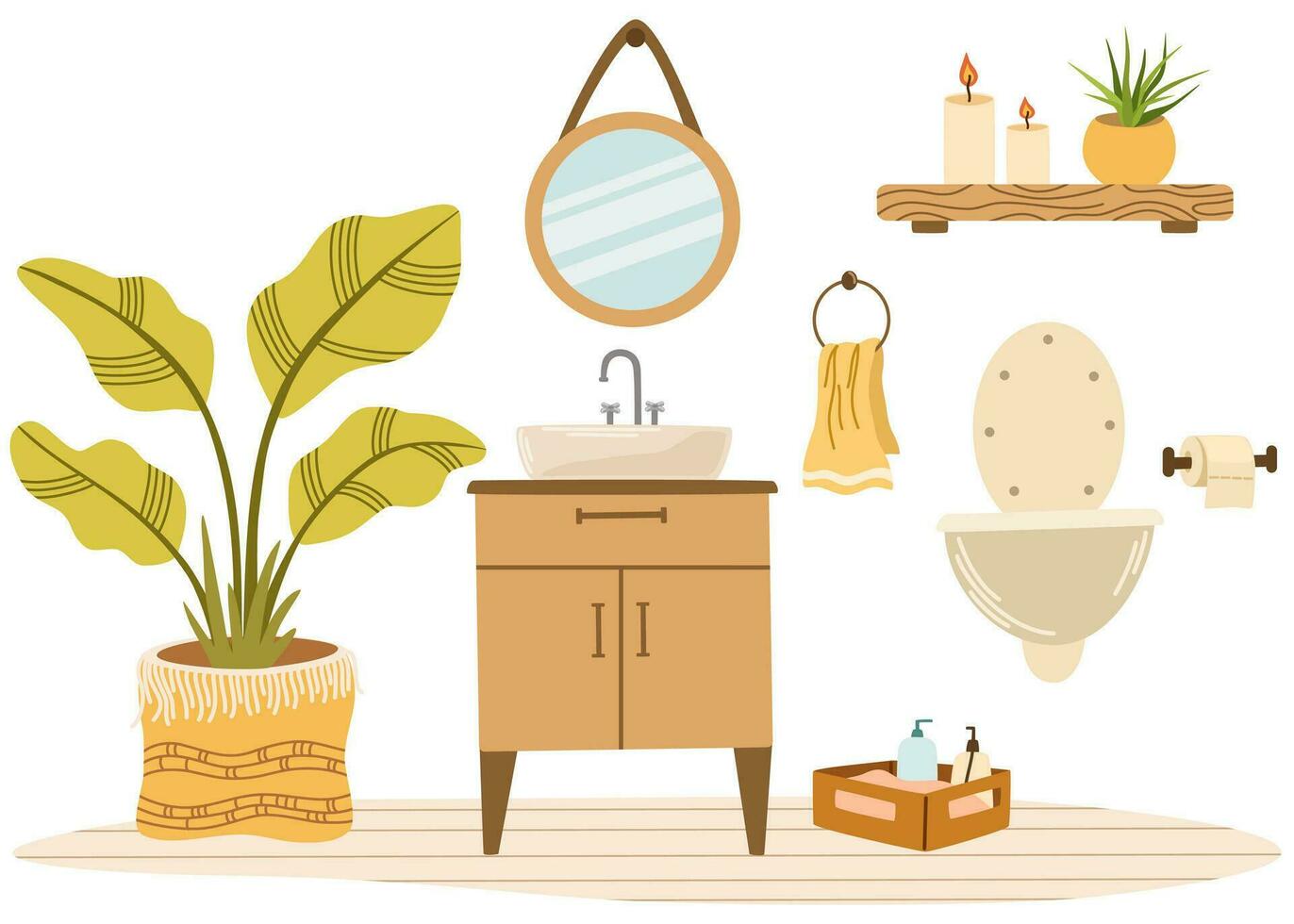 Bathroom interior. Toilet, sink, mirror, houseplant, laundry basket,   shelf with indoor plants and candles. Flat vector illustration isolated on white background