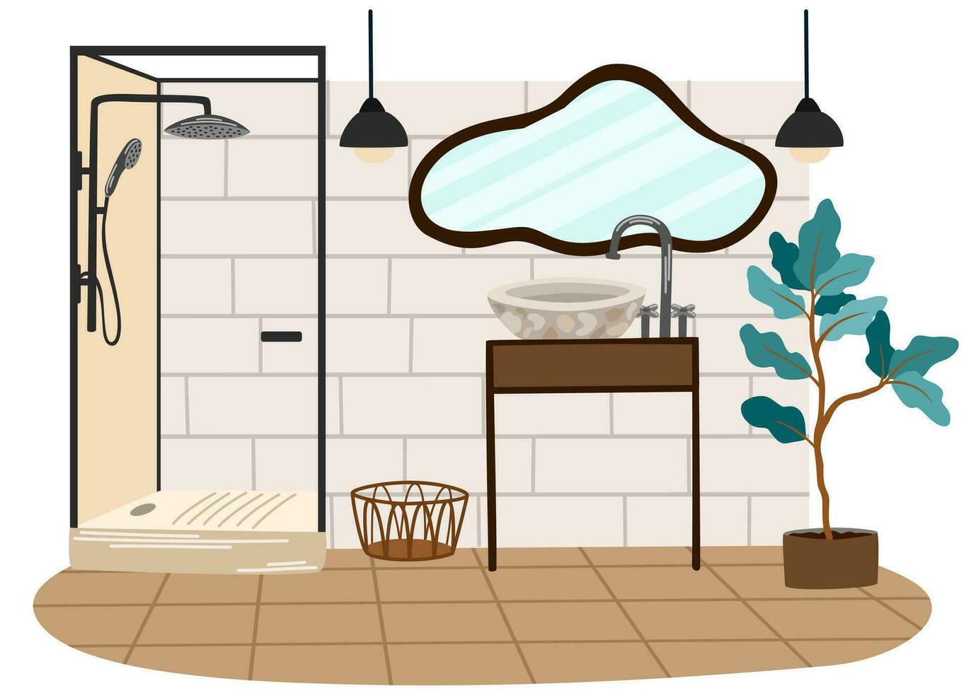 Bathroom interior vector illustration. Shower stall, sink, mirror, houseplant, wicker basket, chandeliers. Modern interior design.