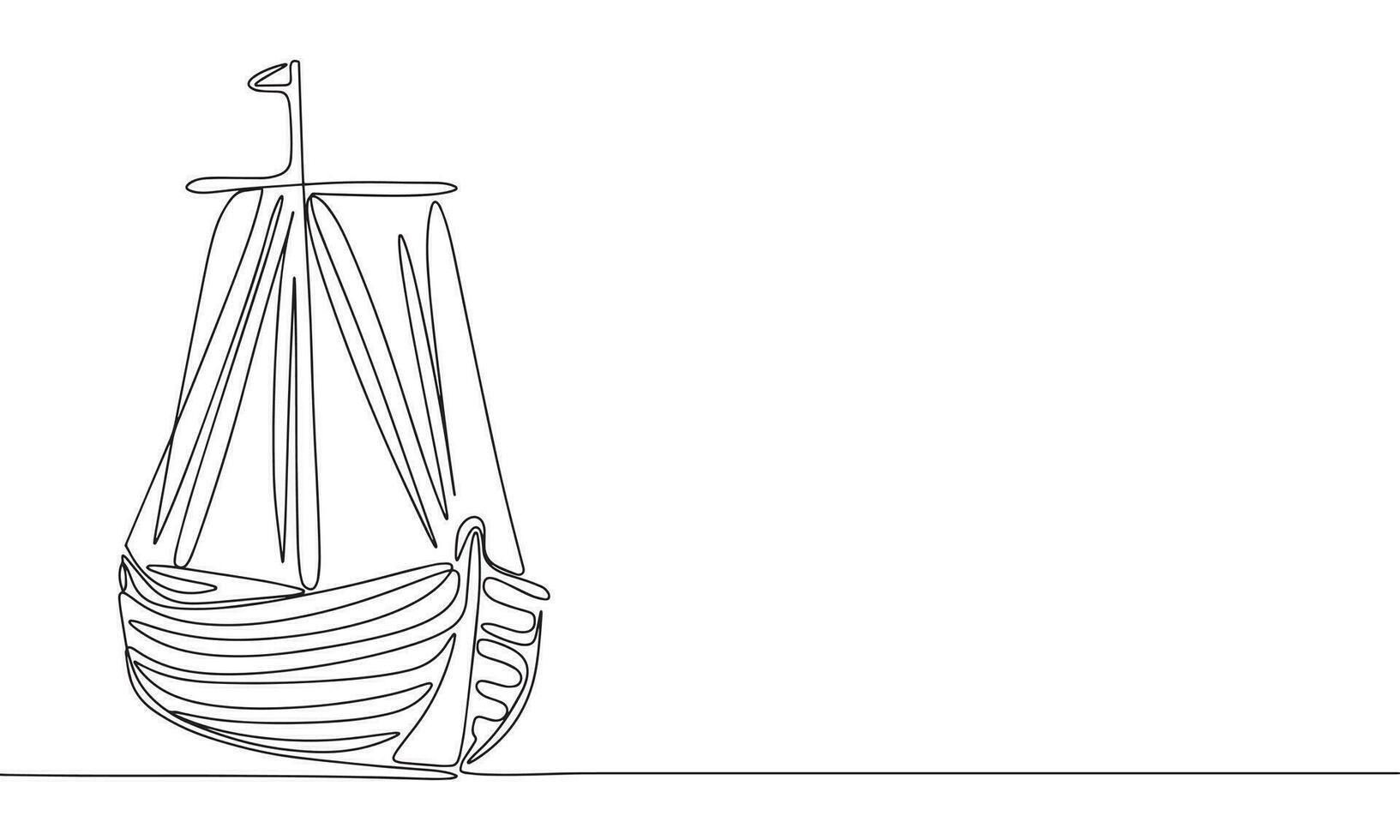 Silhouette of ship. One line continuous concept banner with boat. Outline, line art, vector illustration.