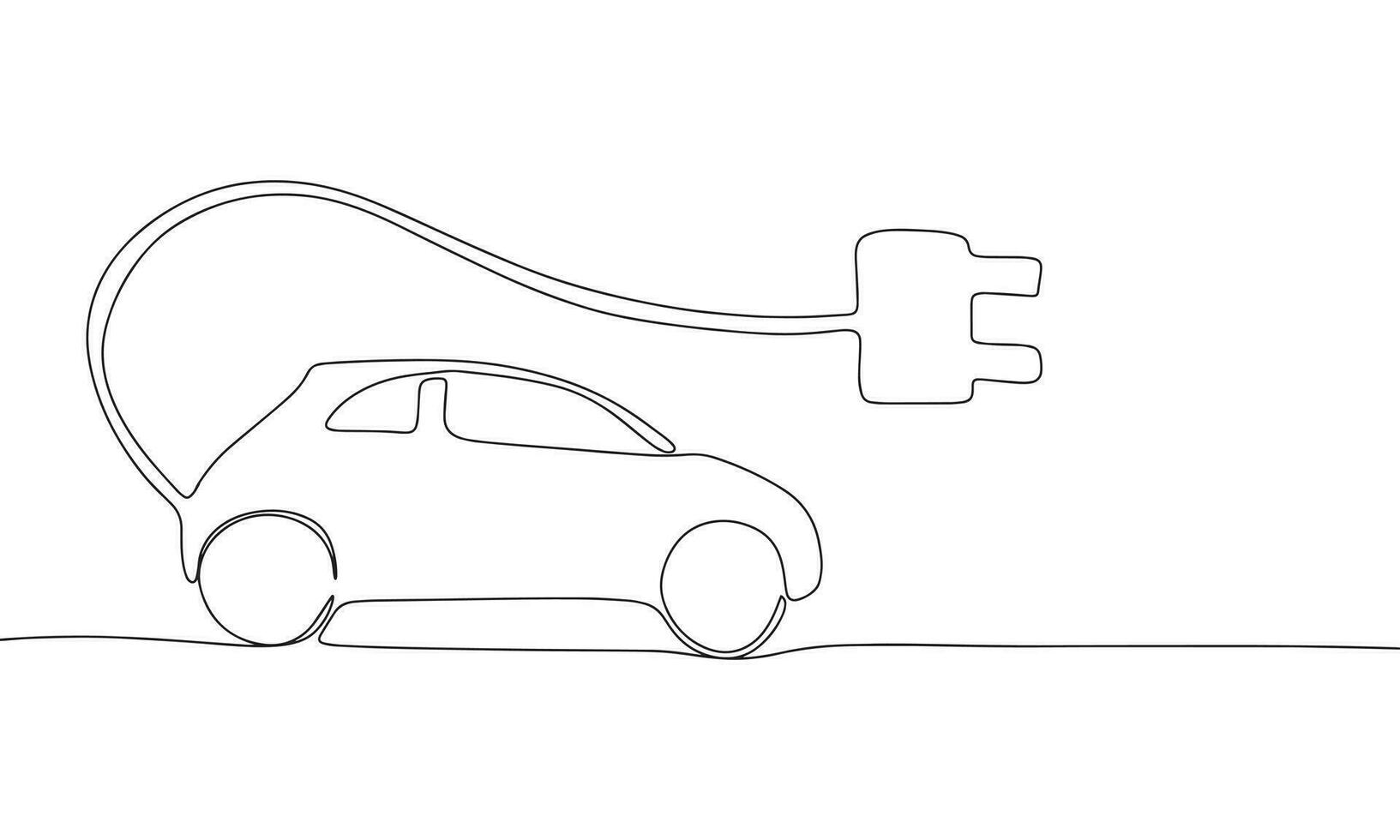Electric car with plug. One line continuous concept electric car banner. Line art, outline, silhouette, vector illustration.