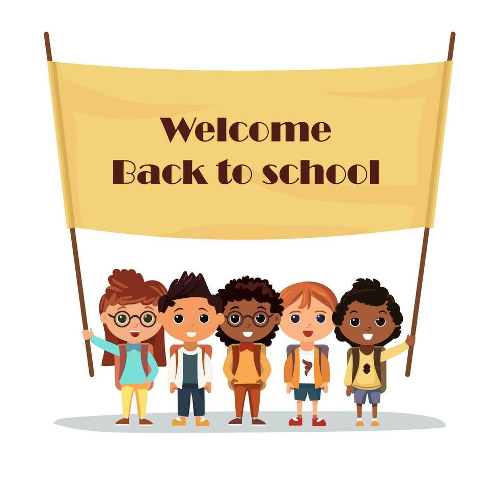Group of children with textile banner. Welcome Back to school banner with kids. Vector illustration. Square composition. School concept.
