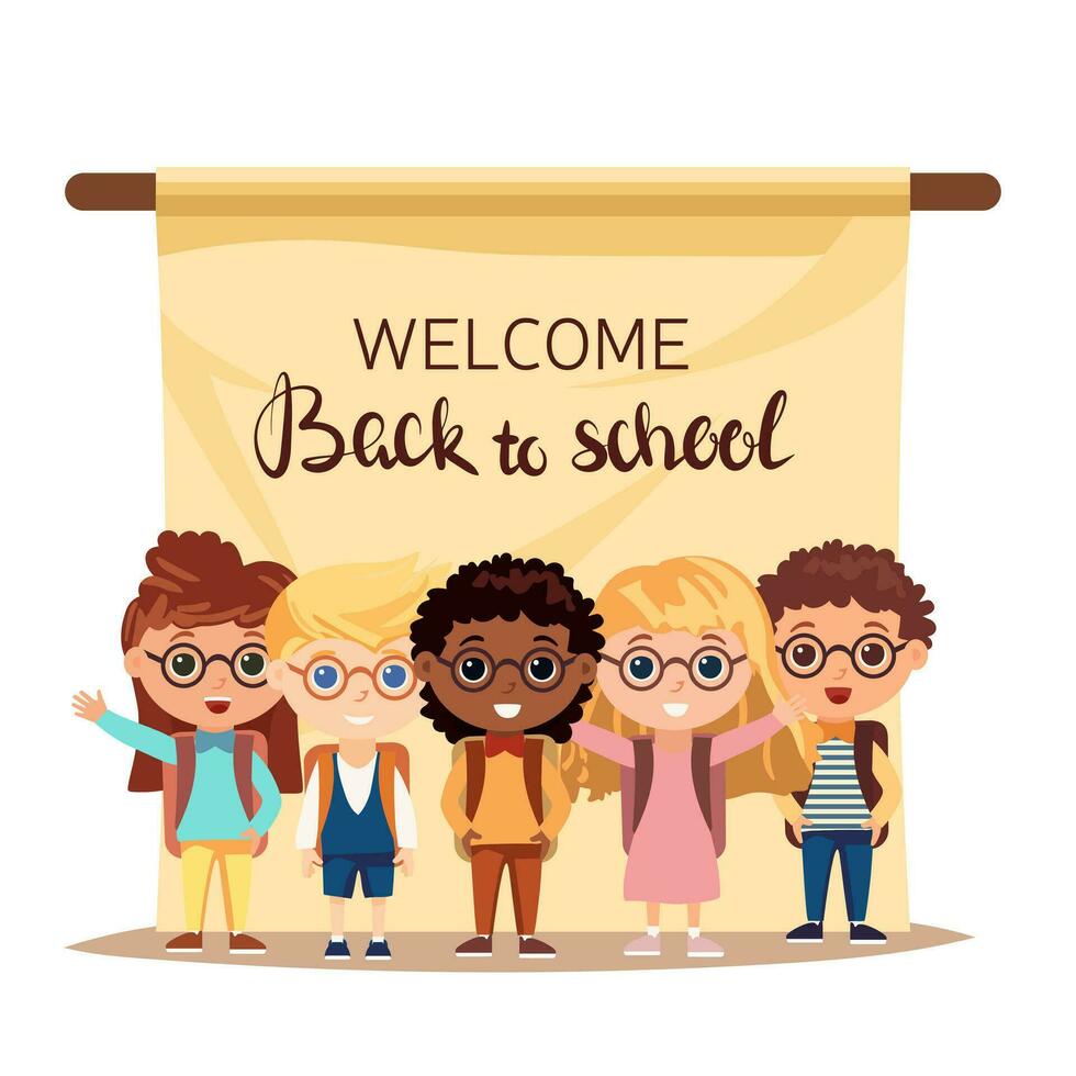 A group of children is standing in front of the banner Welcome Back to School. Square school background with children. Vector illustration.