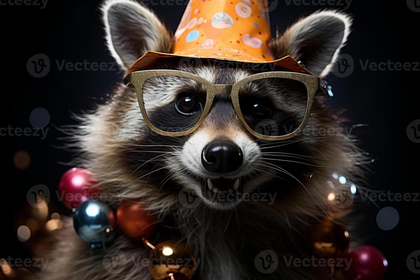 Funny party raccoon wearing colorful summer hat and stylish sunglasses. photo