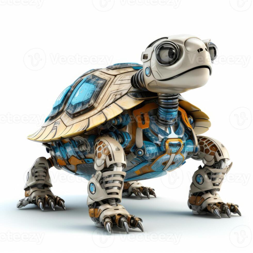 Cute turtle robot, robotic reptile isolated over white background. AI