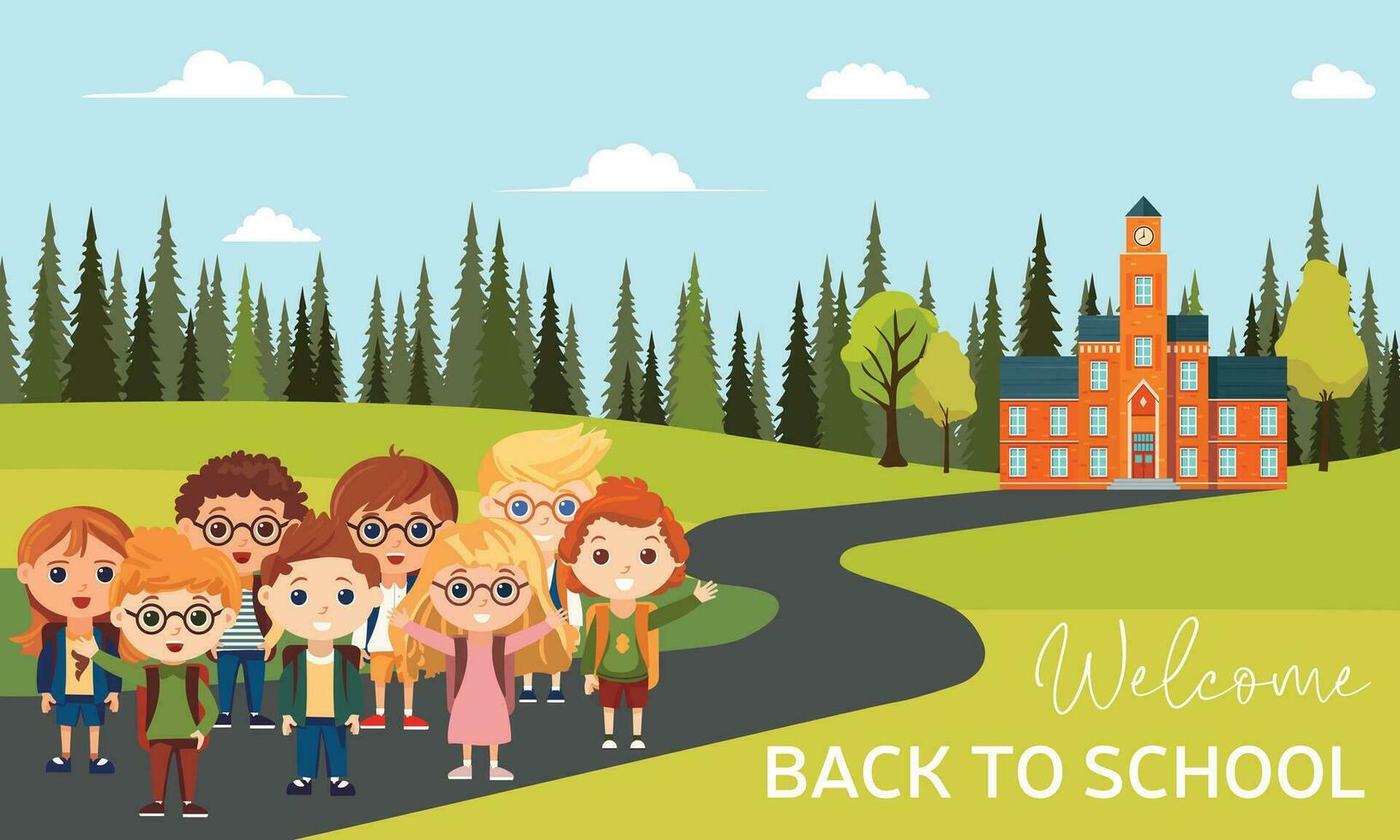 Welcome Back to School banner. Happy children with backpacks meeting near school building. Vector illustration.