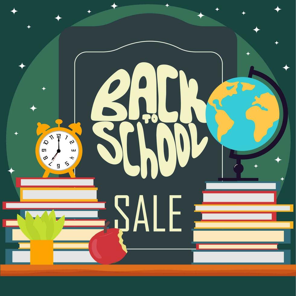 Back to School Sale square banner. Vector banner with school supplies, education elements and colorful text in textured white paper in green background. Vector illustration.