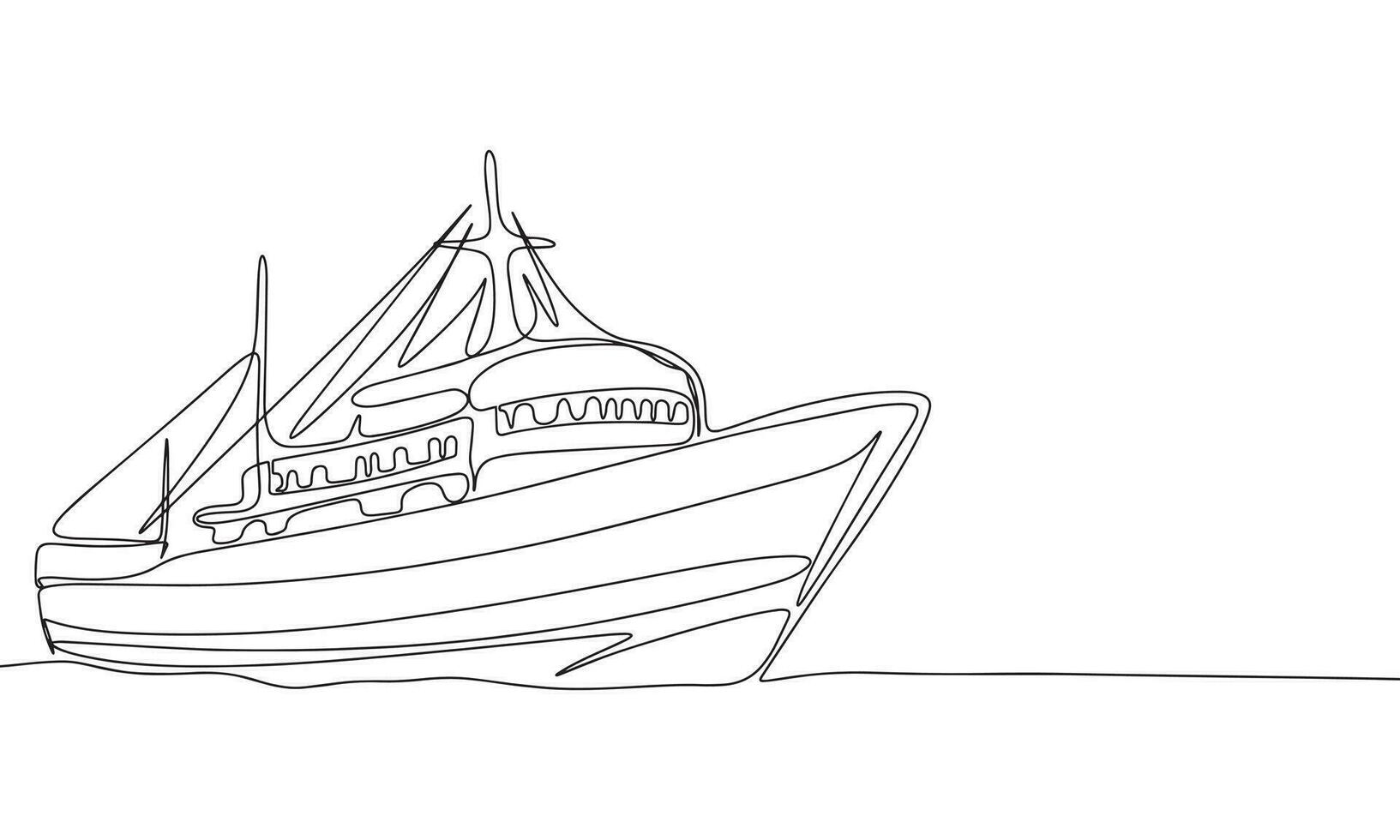 Silhouette of fish ship. One line continuous concept banner with fish boat. Outline, line art, vector illustration.