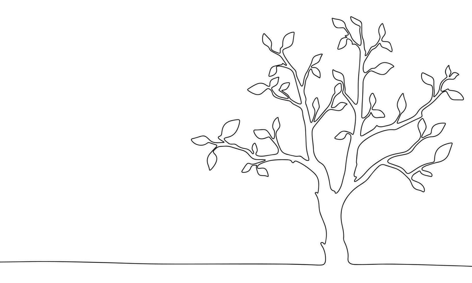 One line continuous tree with leaves. Line art of spring concept banner. Outline vector illustration.