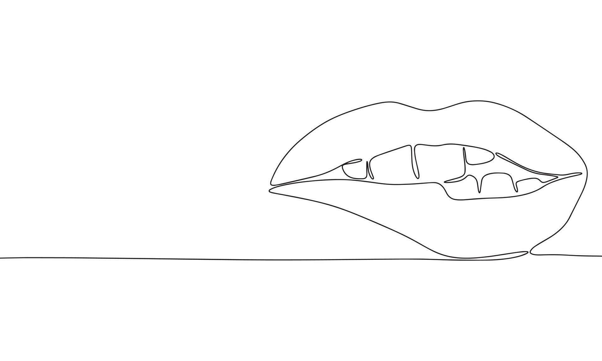 Bite lip one line continuous. Line art concept lips banner. Outline ...