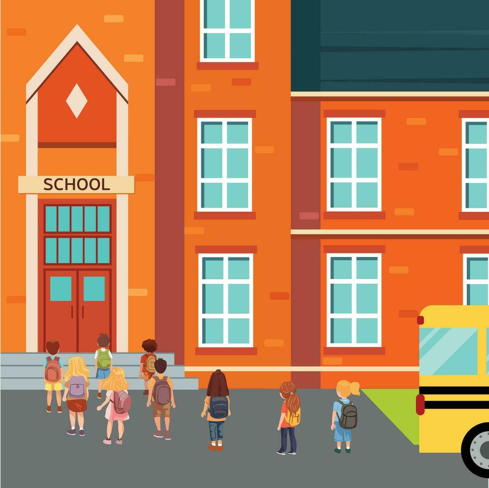 Square school background. Children go to school from a yellow bus. School bus, children back view, school building. Vector illustration.