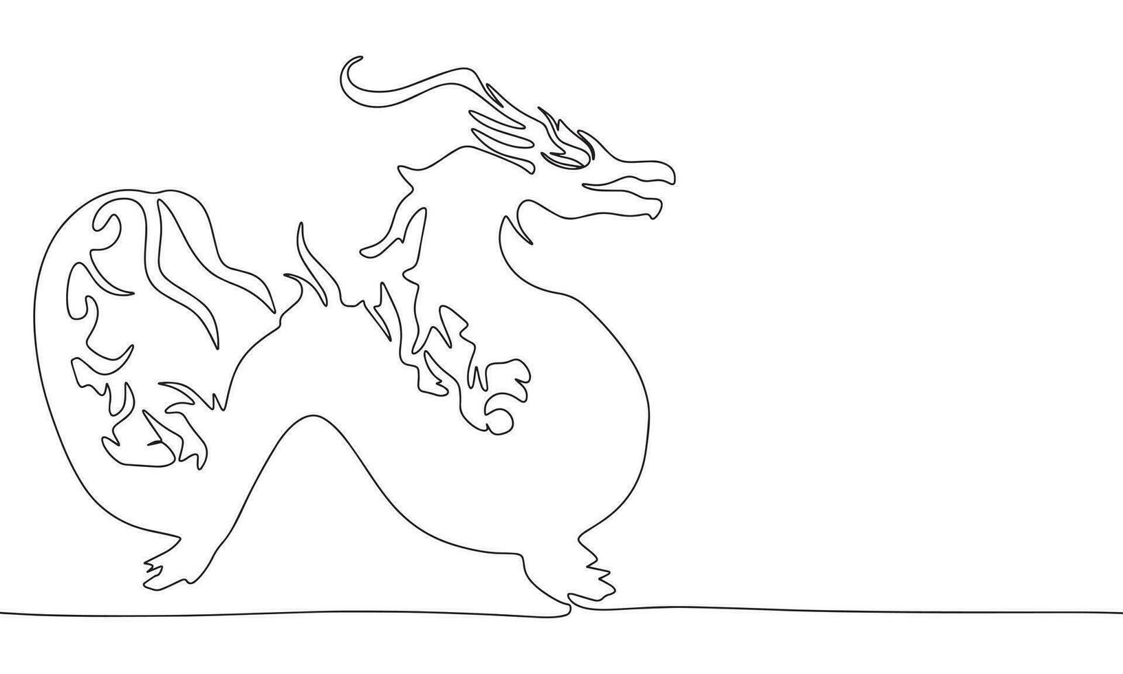 Silhouette of dragon. One line continuous concept banner with symbol 2024 year. Outline, line art, vector illustration.