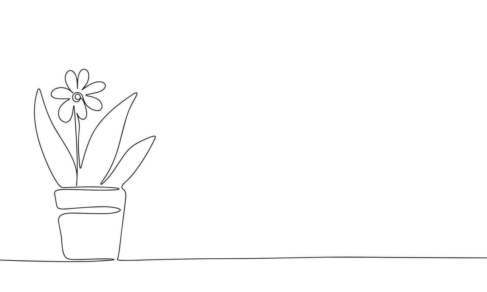 Little flower in pot. One line continuous concept houseplant banner. Line art, outline, silhouette, vector illustration.