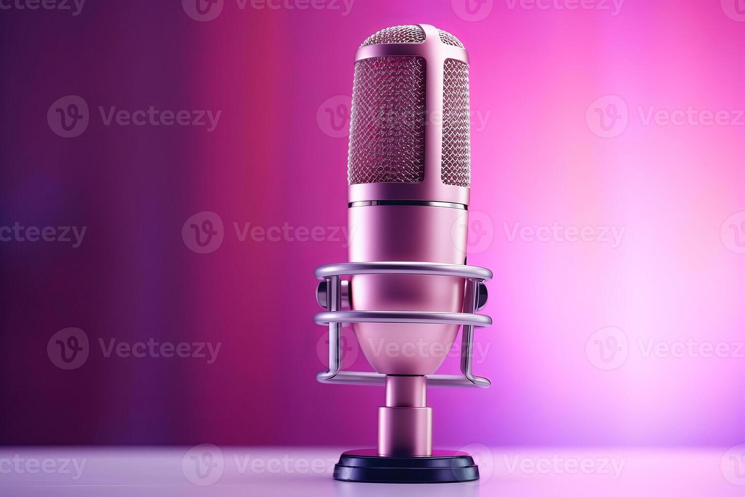 Professional microphone with pink purple background banner, Podcast or recording studio. photo
