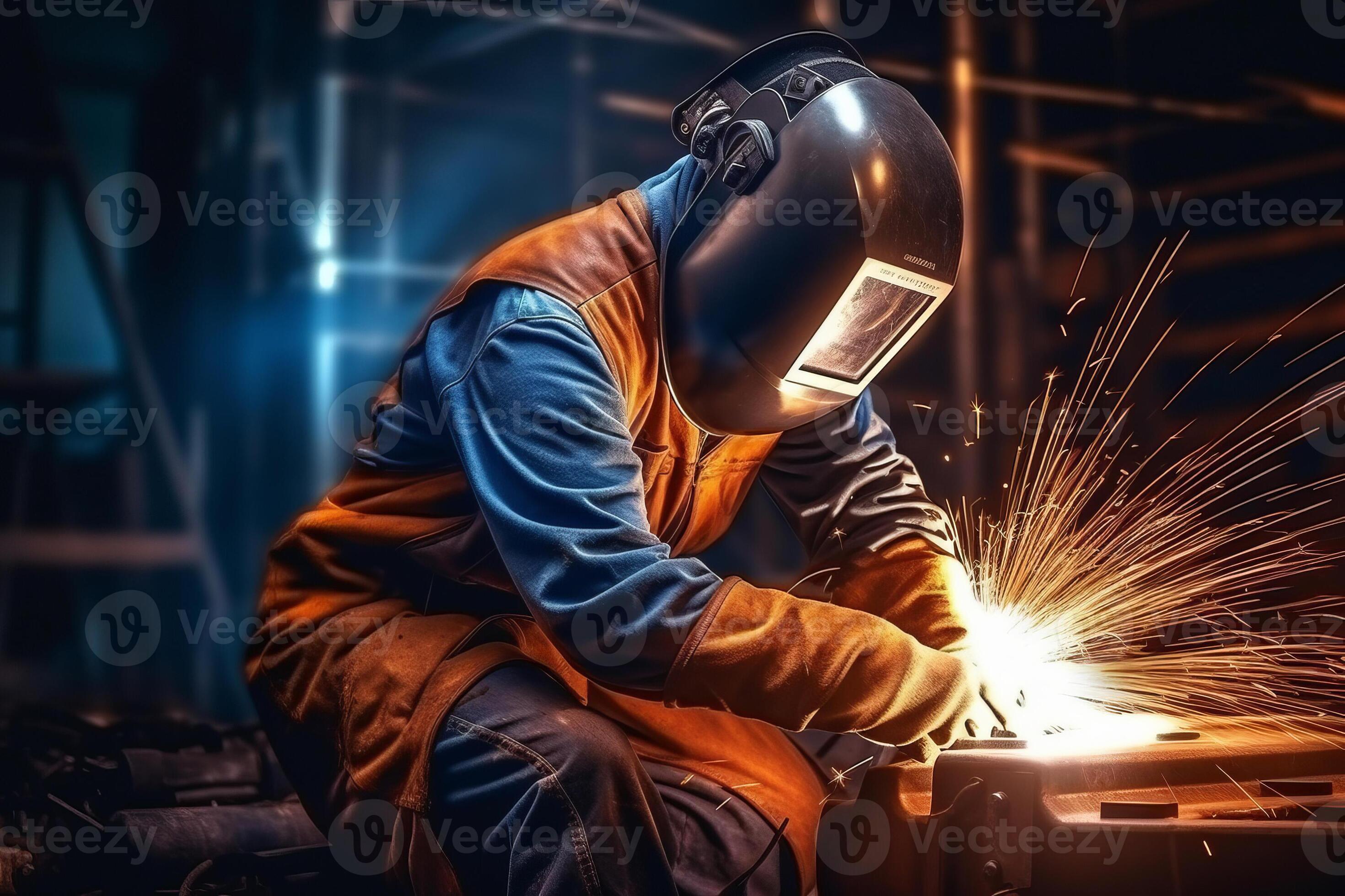 A man welder in brown uniform welding mask weld metal