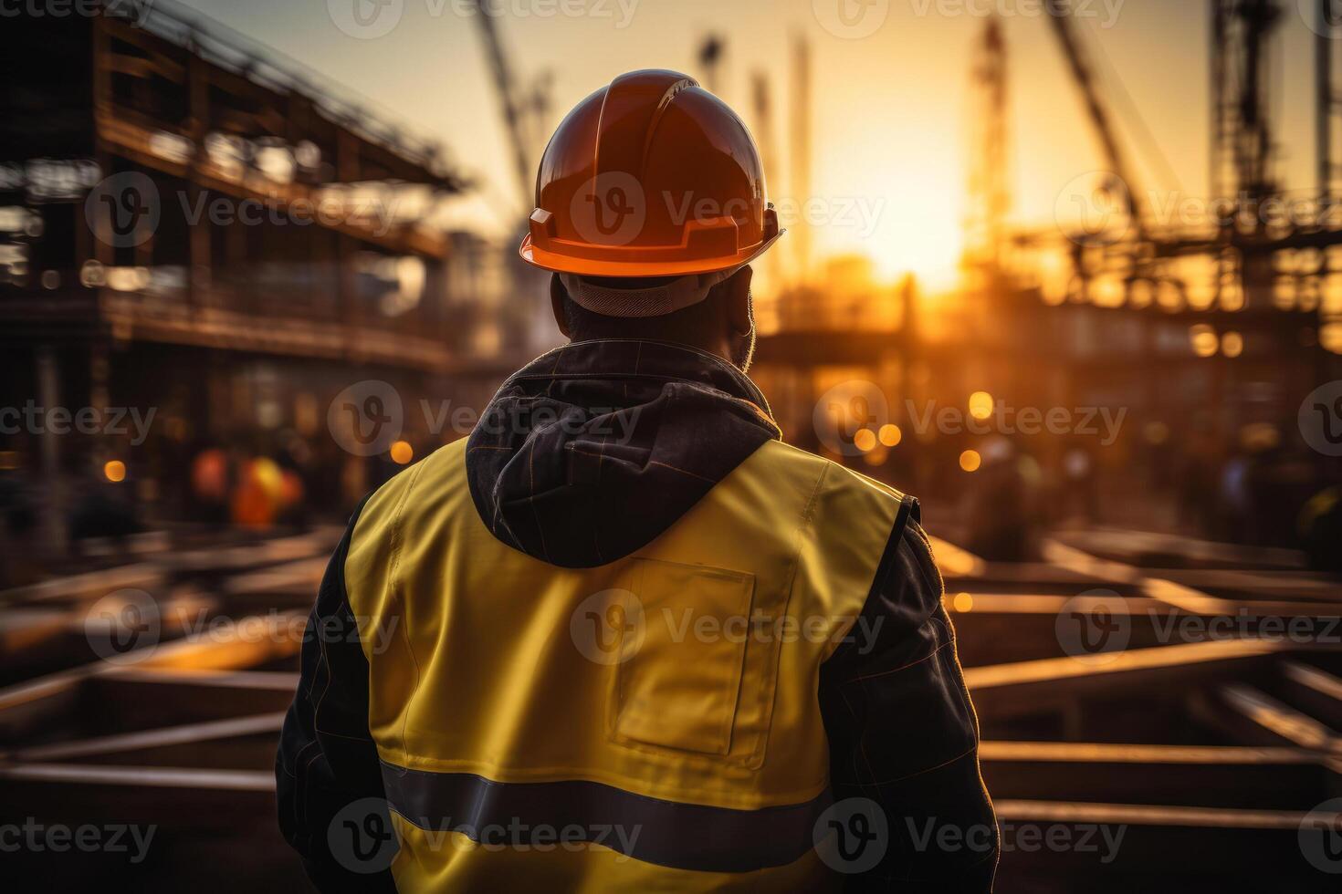 arquitecto o construcción trabajador o civil ingeniero en construcción sitio con grua. ai generado foto