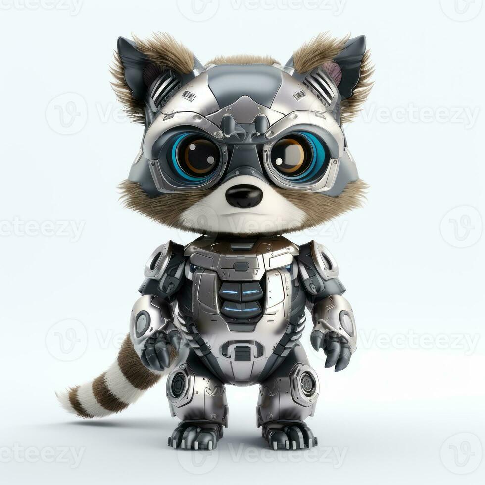 Cute and funny raccoon robot, robotic animal isolated over white background. AI Generated photo