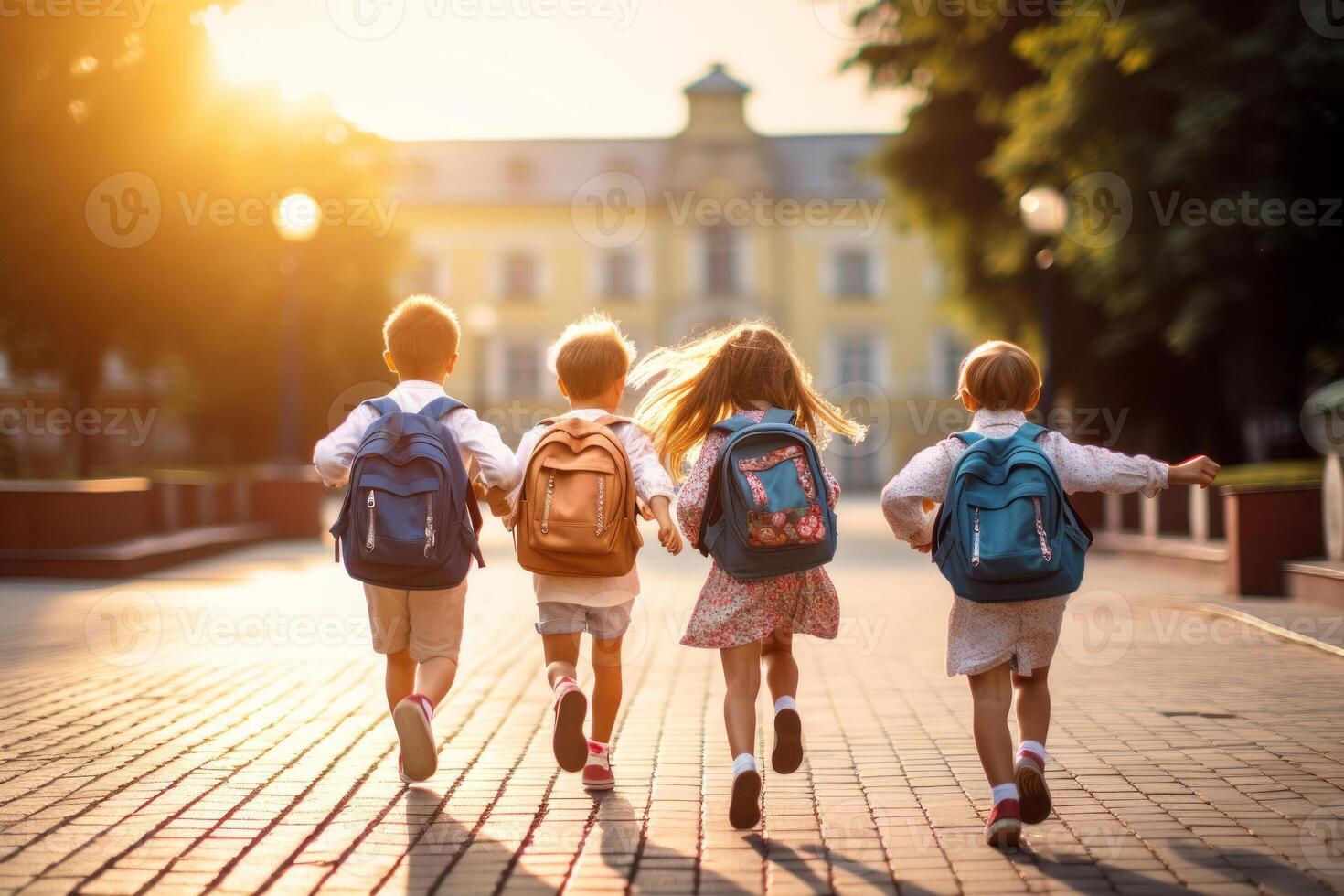 Elementary school kids from behind with backpacks running. photo